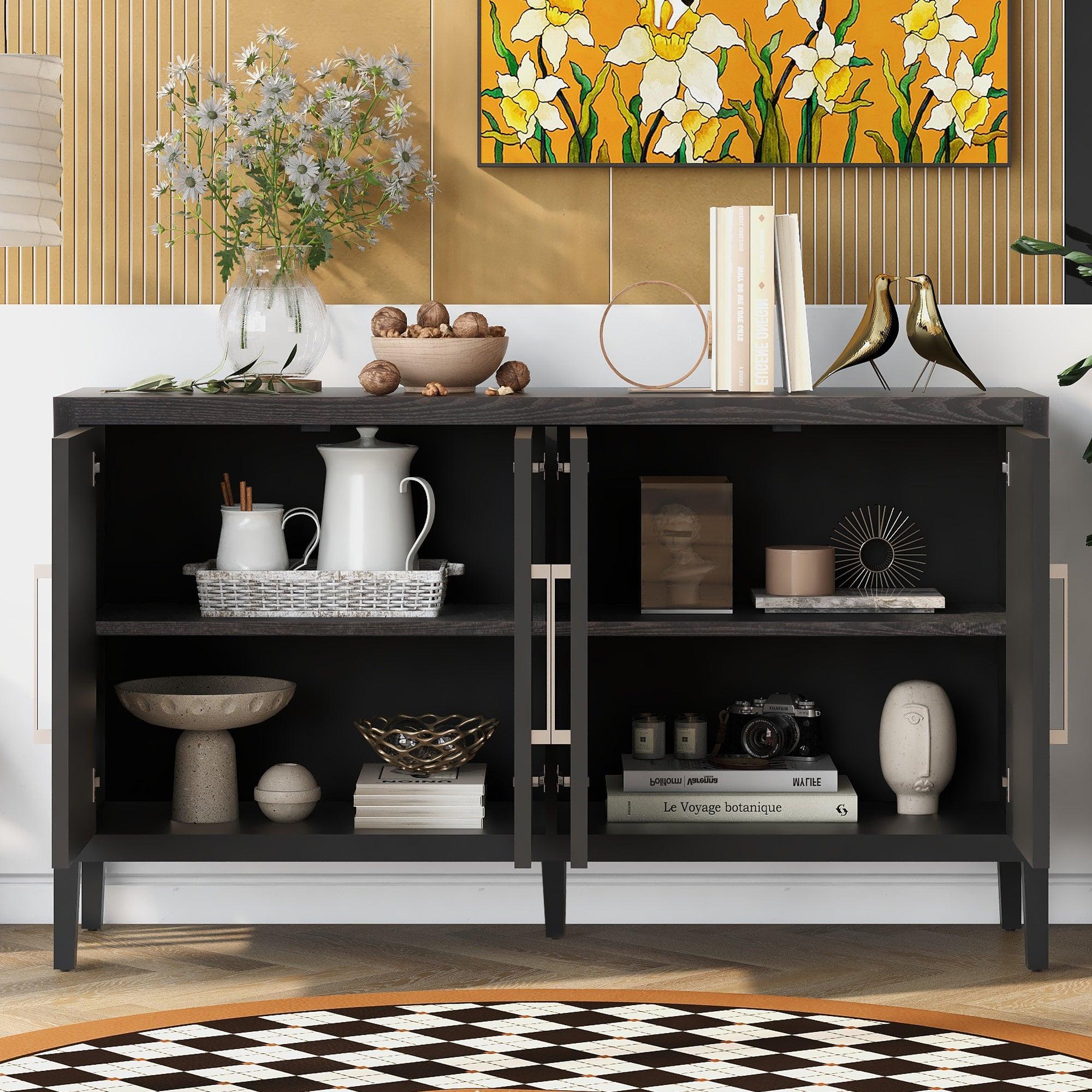 🆓🚛 Storage Cabinet Sideboard Wooden Cabinet With 4 Metal Handles, 4 Shelves & 4 Doors for Hallway, Entryway, Living Room