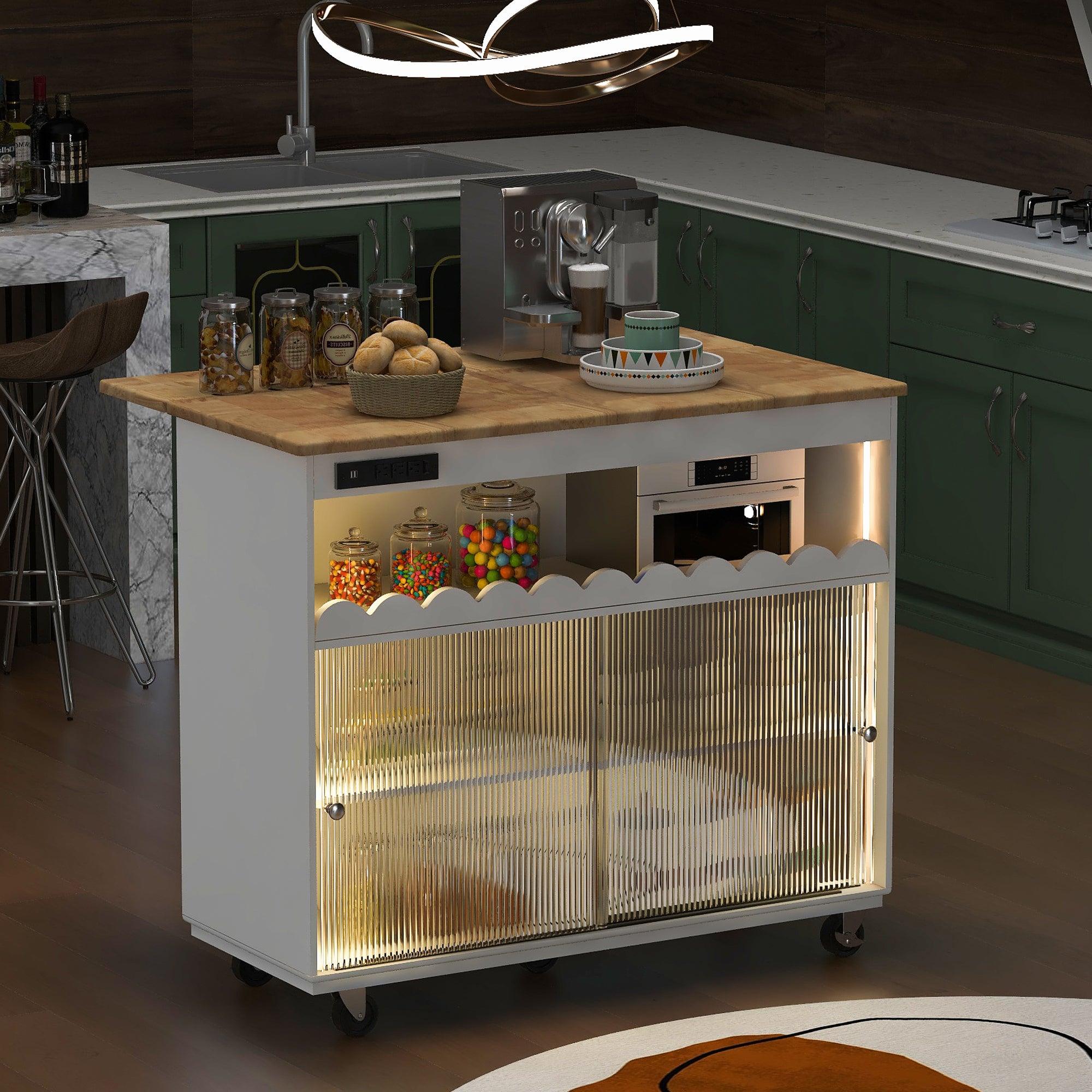 🆓🚛 Led Light Kitchen Cart On Wheels With Power Outlets, 2 Sliding Fluted Glass Doors, Large Kitchen Island Cart With 2 Cabinet & 1 Open Shelf (White)