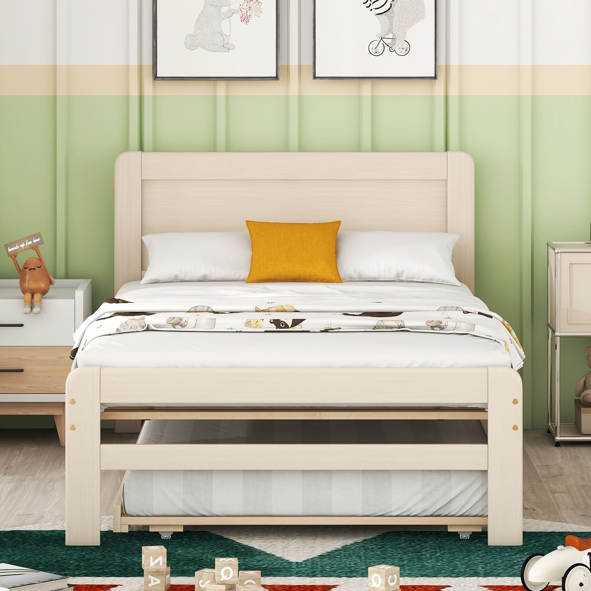 🆓🚛 Modern Design Twin Size Platform Bed Frame With Trundle, White