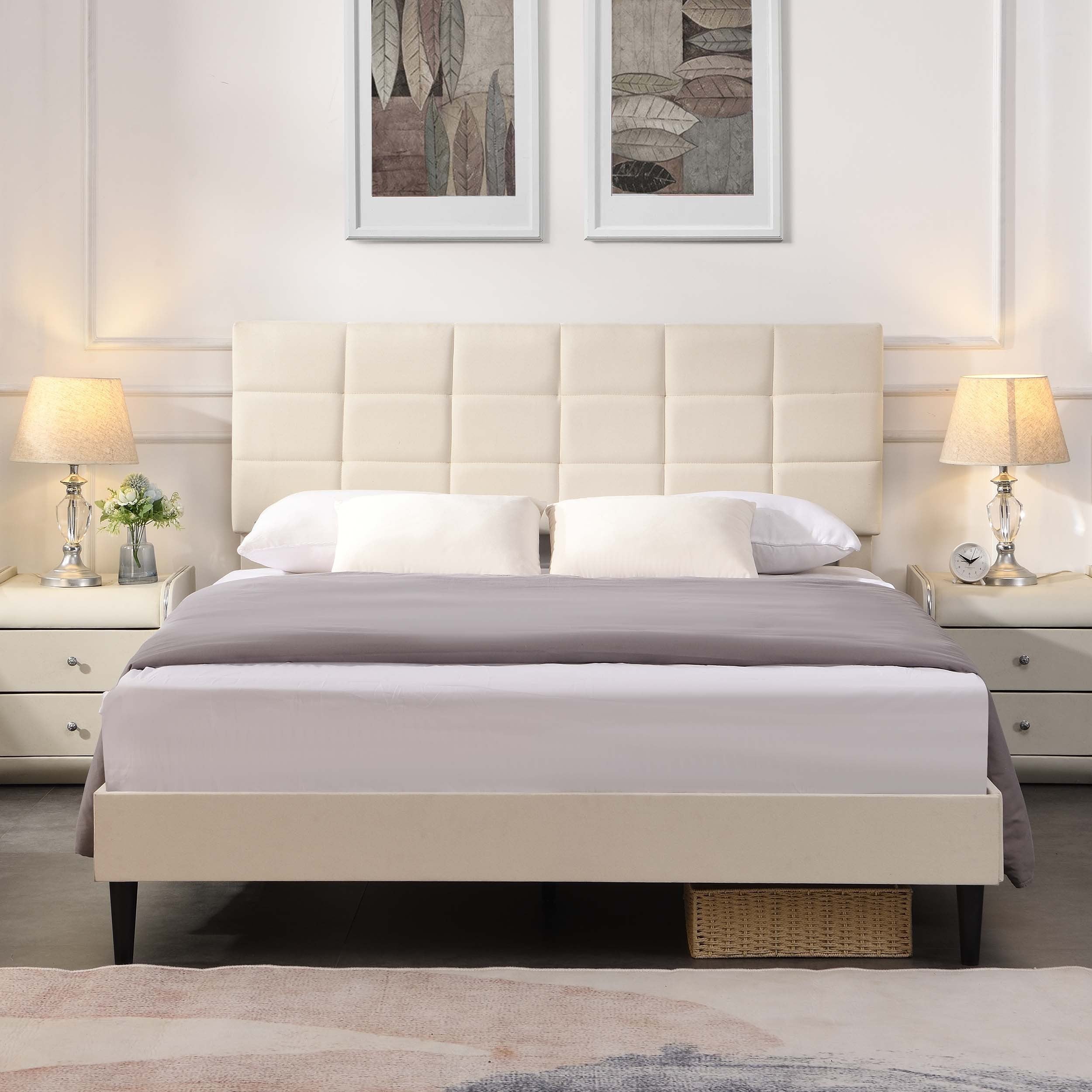 🆓🚛 Queen Size Platform Bed Frame with Fabric Upholstered Headboard and Wooden Slats, No Box Spring Needed/Easy Assembly, Beige