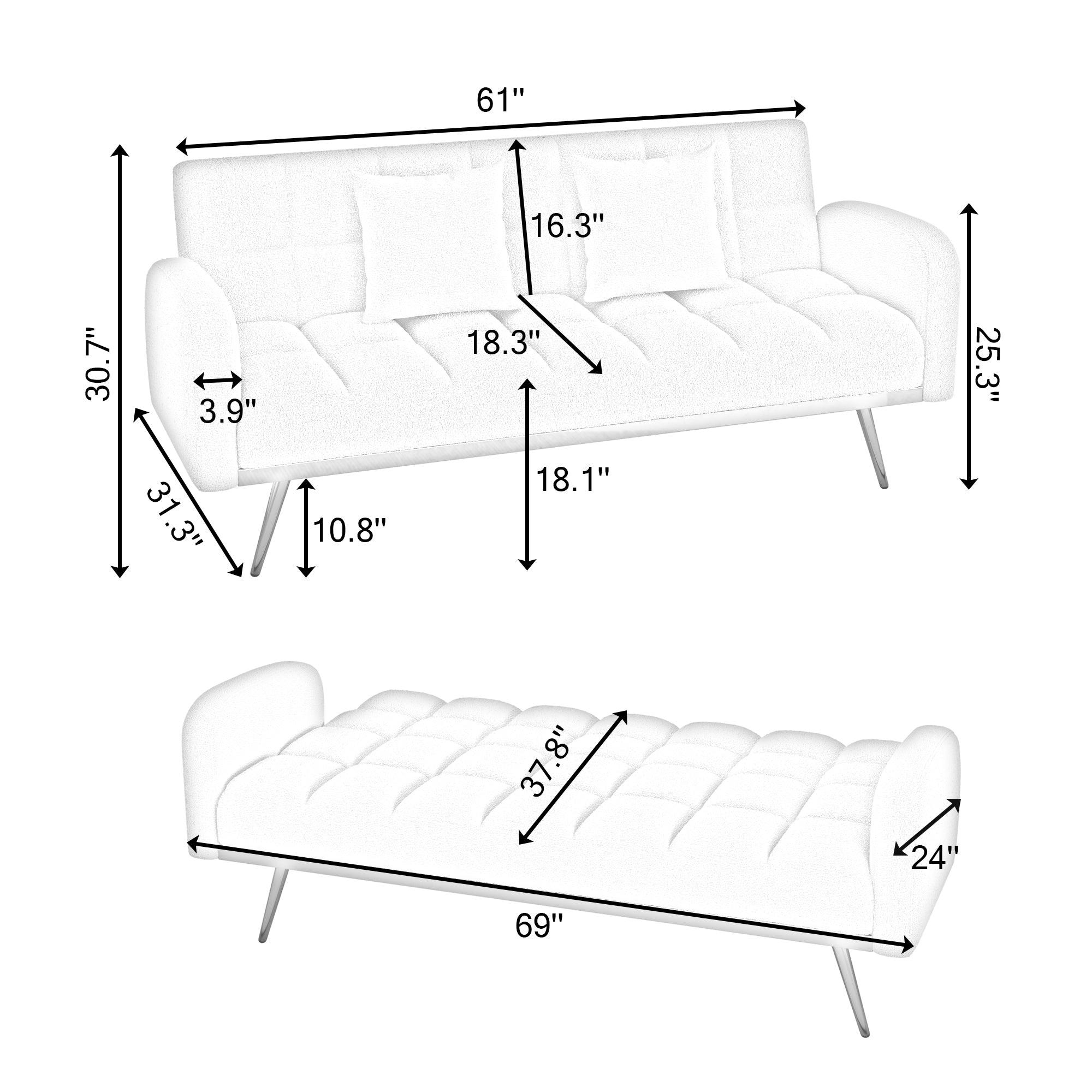 69-inch sofa bed with adjustable sofa teddy fleece 2 throw pillows LamCham