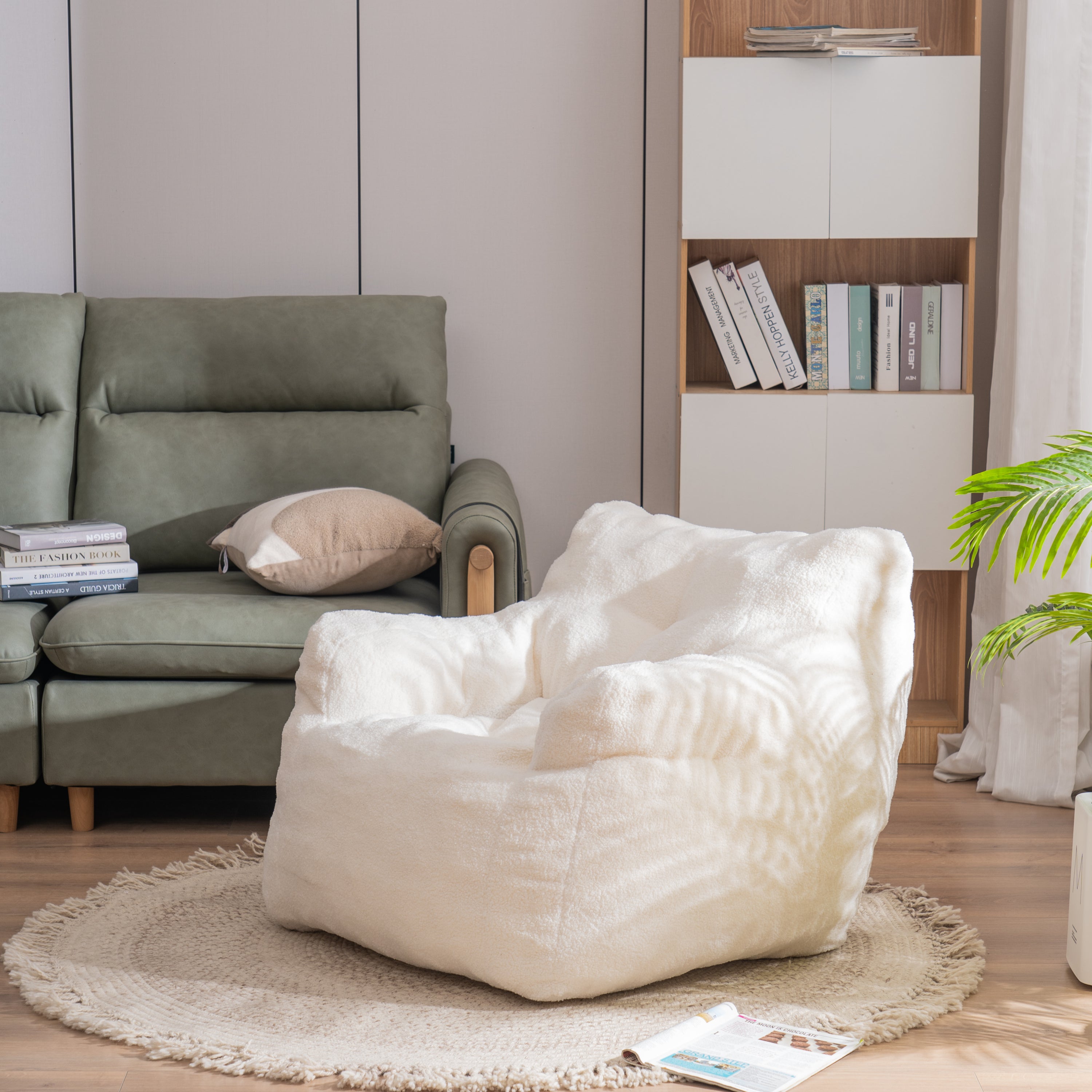 🆓🚛 Soft Tufted Foam Bean Bag Chair With Teddy Fabric, Ivory White