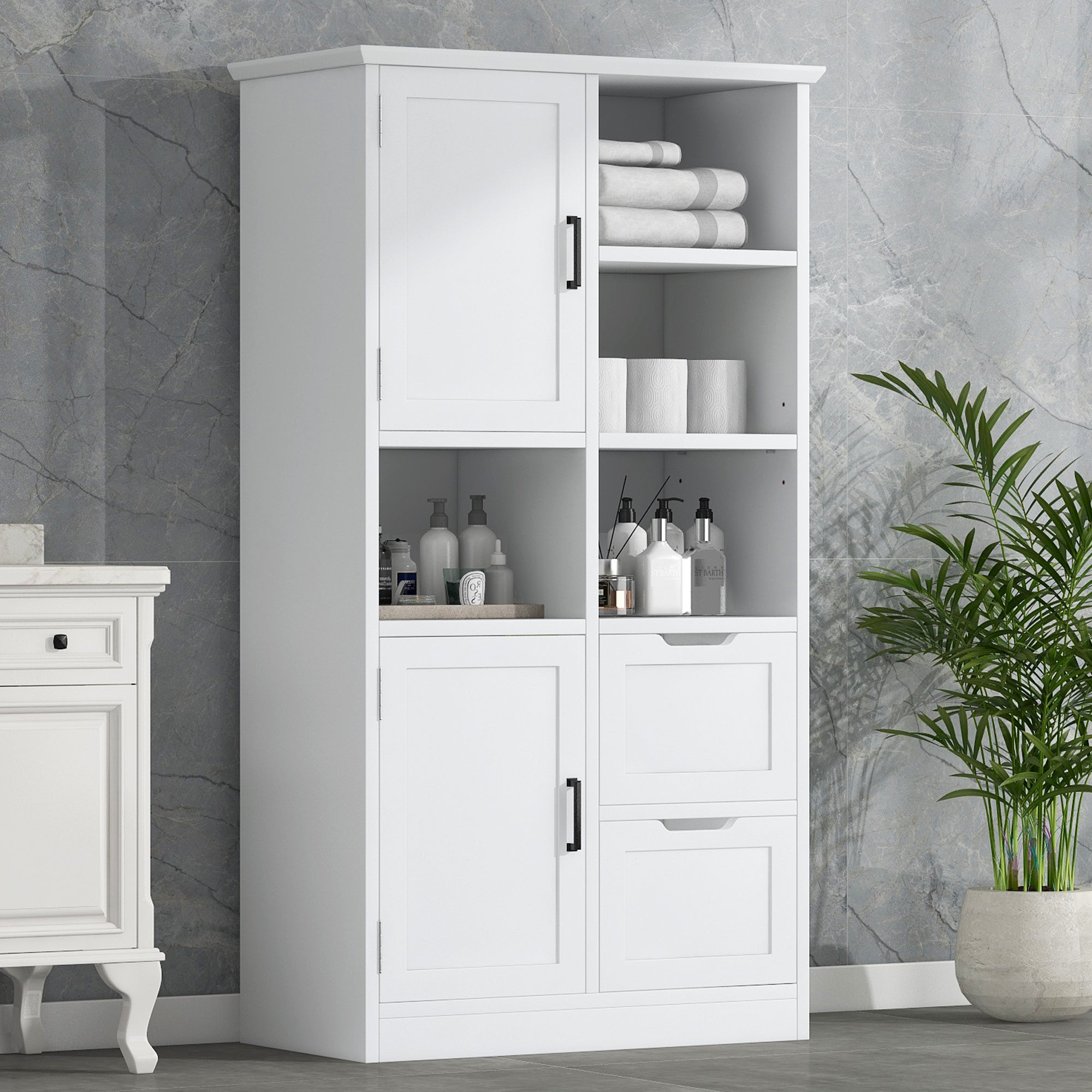 Bathroom Storage Cabinet with Doors and Drawers, Multiple Storage Space, Freestanding Style, Open Shelve, Adjustable Shelf, White