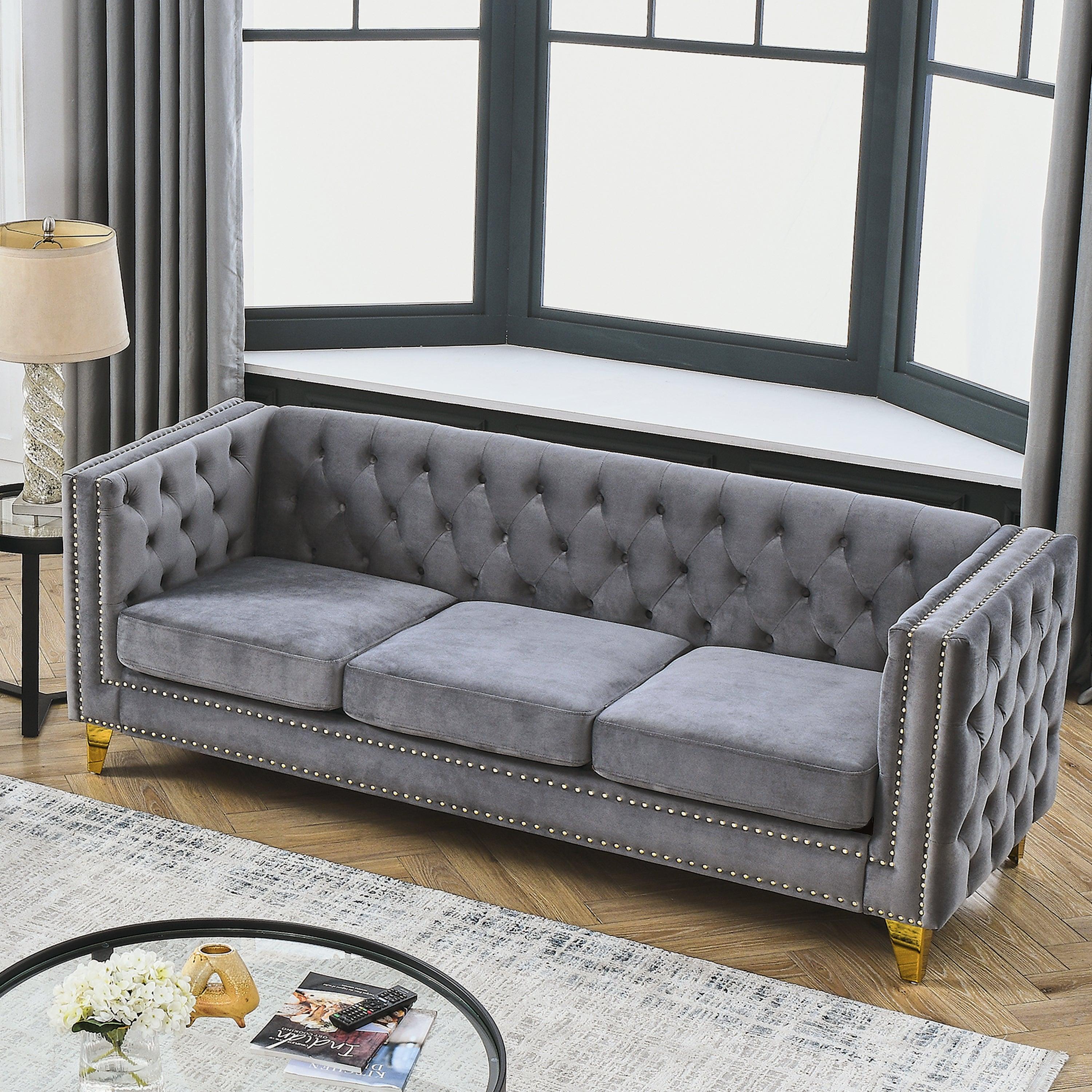 🆓🚛 80.5" 3 Seater Velvet Sofa for Living Room, Buttons Tufted Square Arm Couch, Modern Couch Upholstered Button & Metal Legs, Sofa Couch for Bedroom, Gray