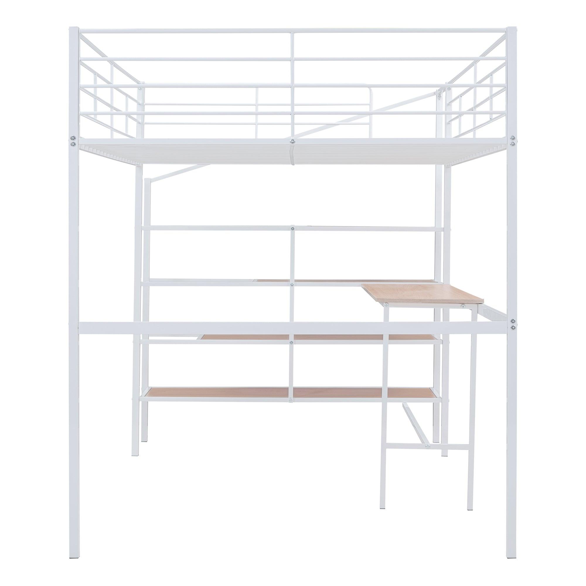 Full Size Metal Loft Bed with Desk and Lateral Storage Ladder, White