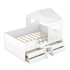 Full Size House Low Loft Bed with Four Drawers, White