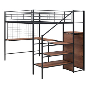 Full Size Metal Loft Bed with Desk and Metal Grid, Stylish Metal Frame Bed with Lateral Storage Ladder and Wardrobe, Black