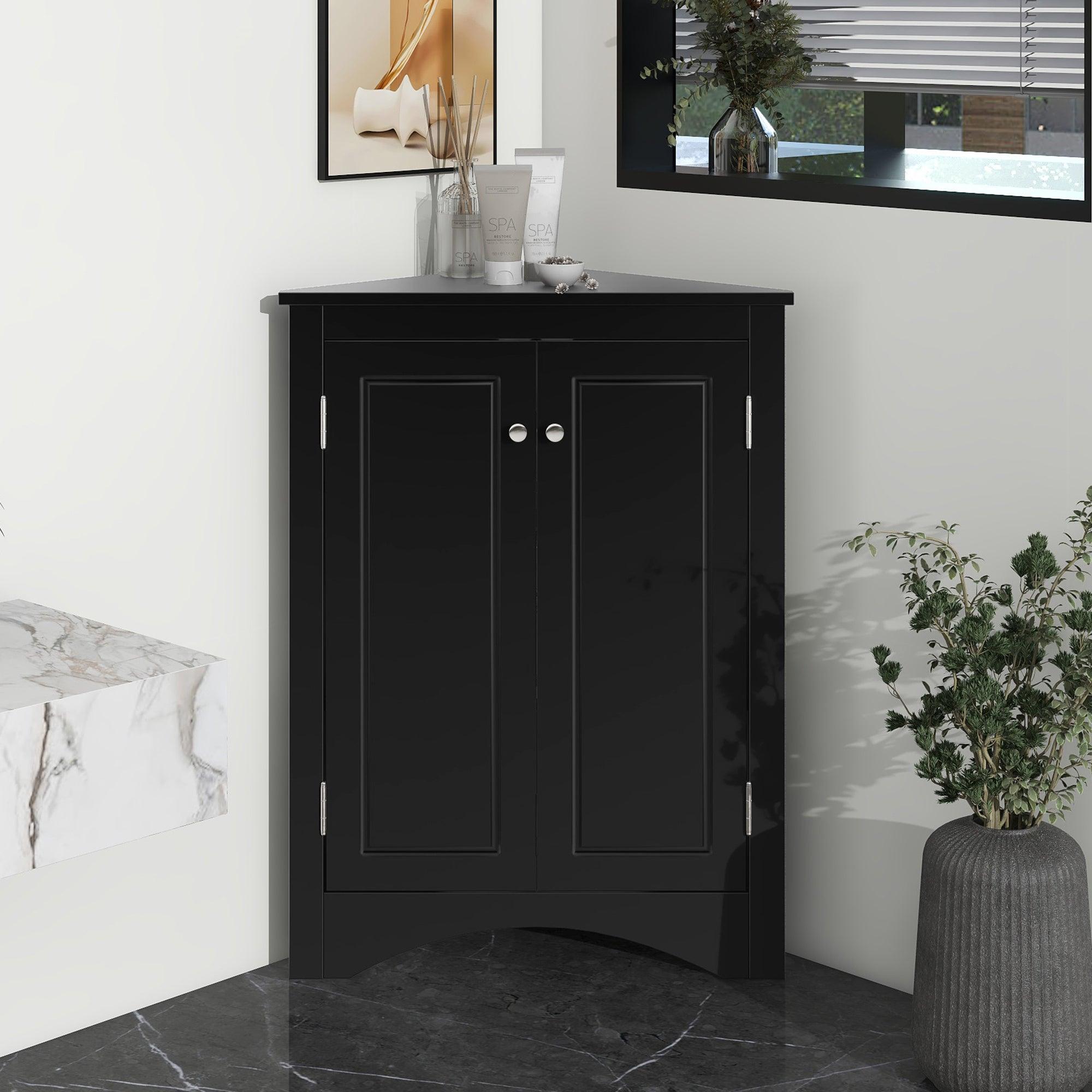 🆓🚛 Black Triangle Bathroom Storage Cabinet With Adjustable Shelves, Freestanding Floor Cabinet for Home Kitchen