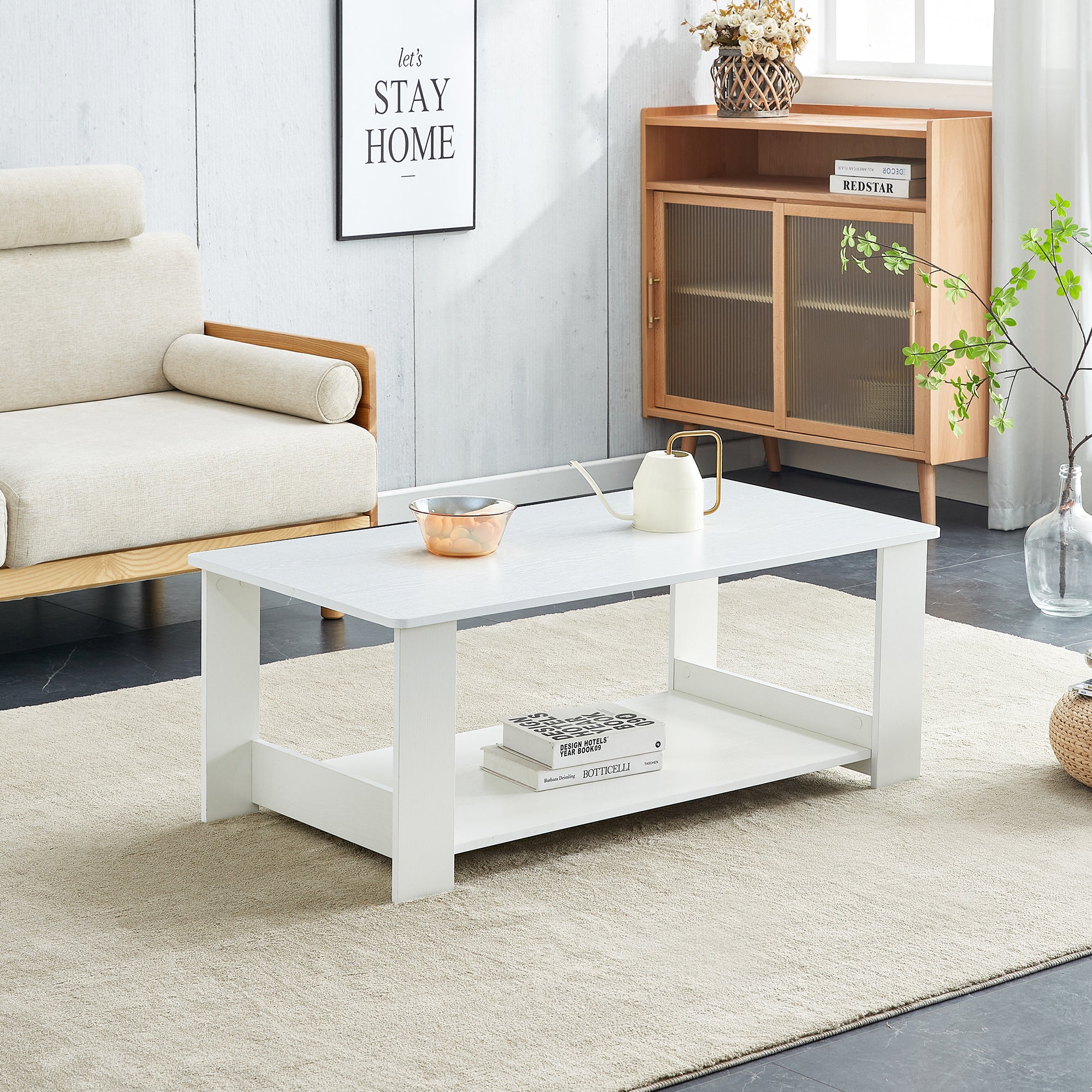 Modern and Practical Double Layered Coffee Table, White