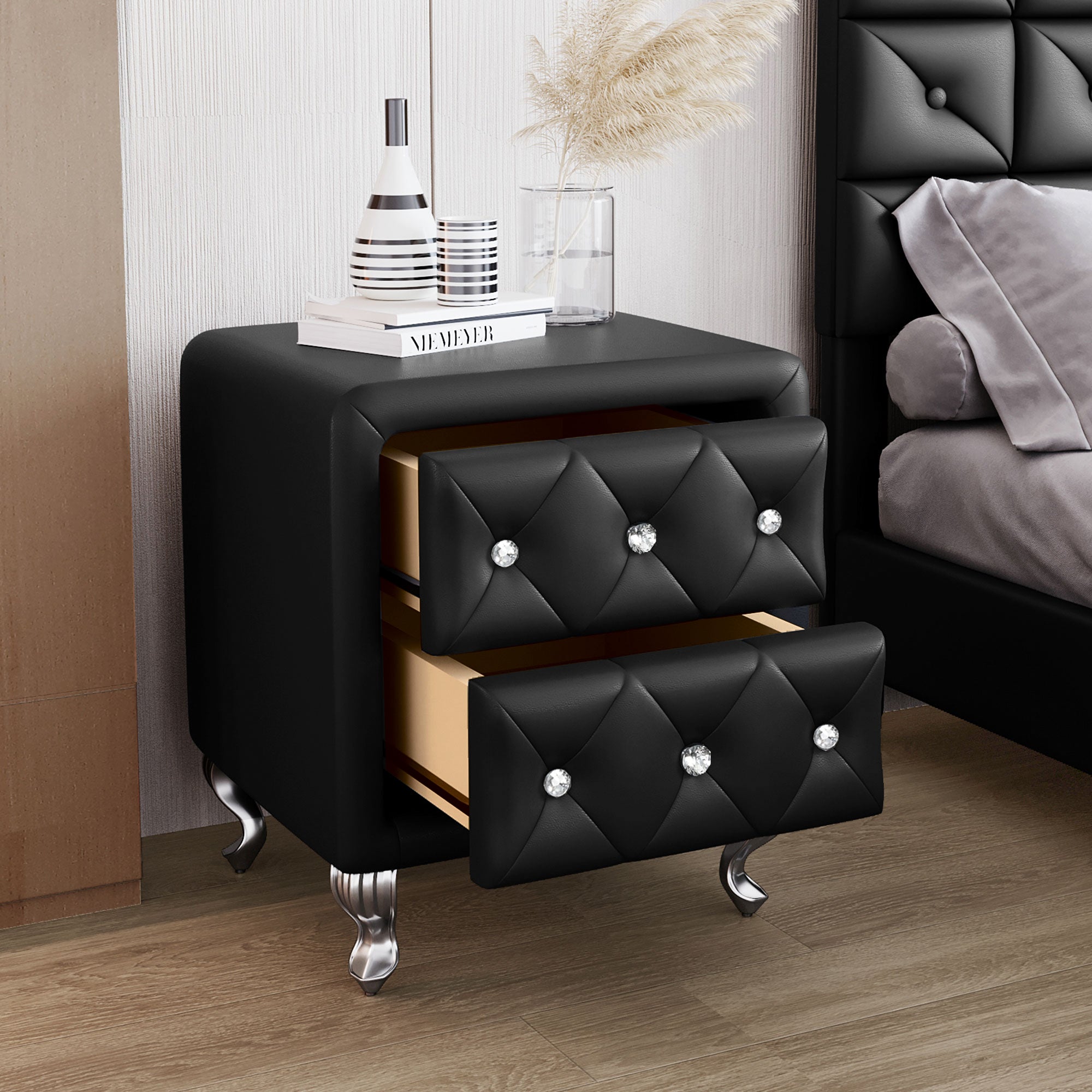 Elegant PU Nightstand with 2 Drawers and Crystal Handle, Fully Assembled Except Legs&Handles, Storage Bedside Table with Metal Legs - Black