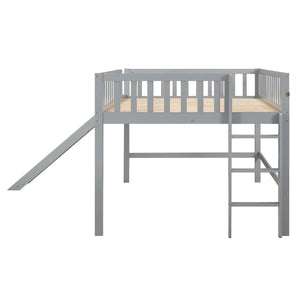 Full Size Low Loft Bed with Ladder and Slide, Gray