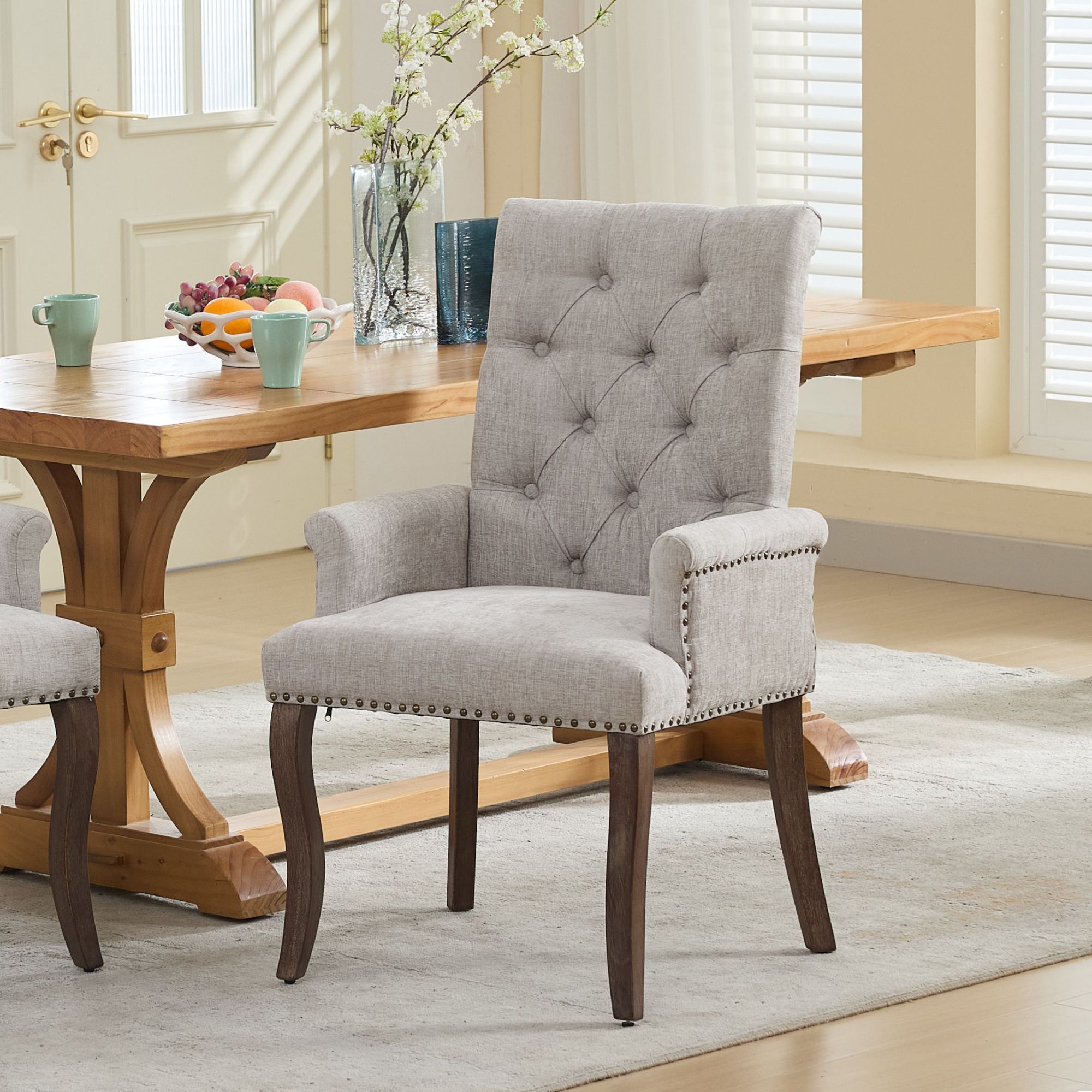 Upholstered Chenille Fabric Accent Dining Chair, Curved Solid Wood Legs, Elegant Tufted Club Dining Room Kitchen Room Arm Dining Chair, Single Pack, Beige, SW1895BG