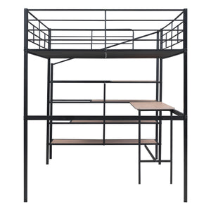 Full Size Metal Loft Bed with Desk and Lateral Storage Ladder, Black