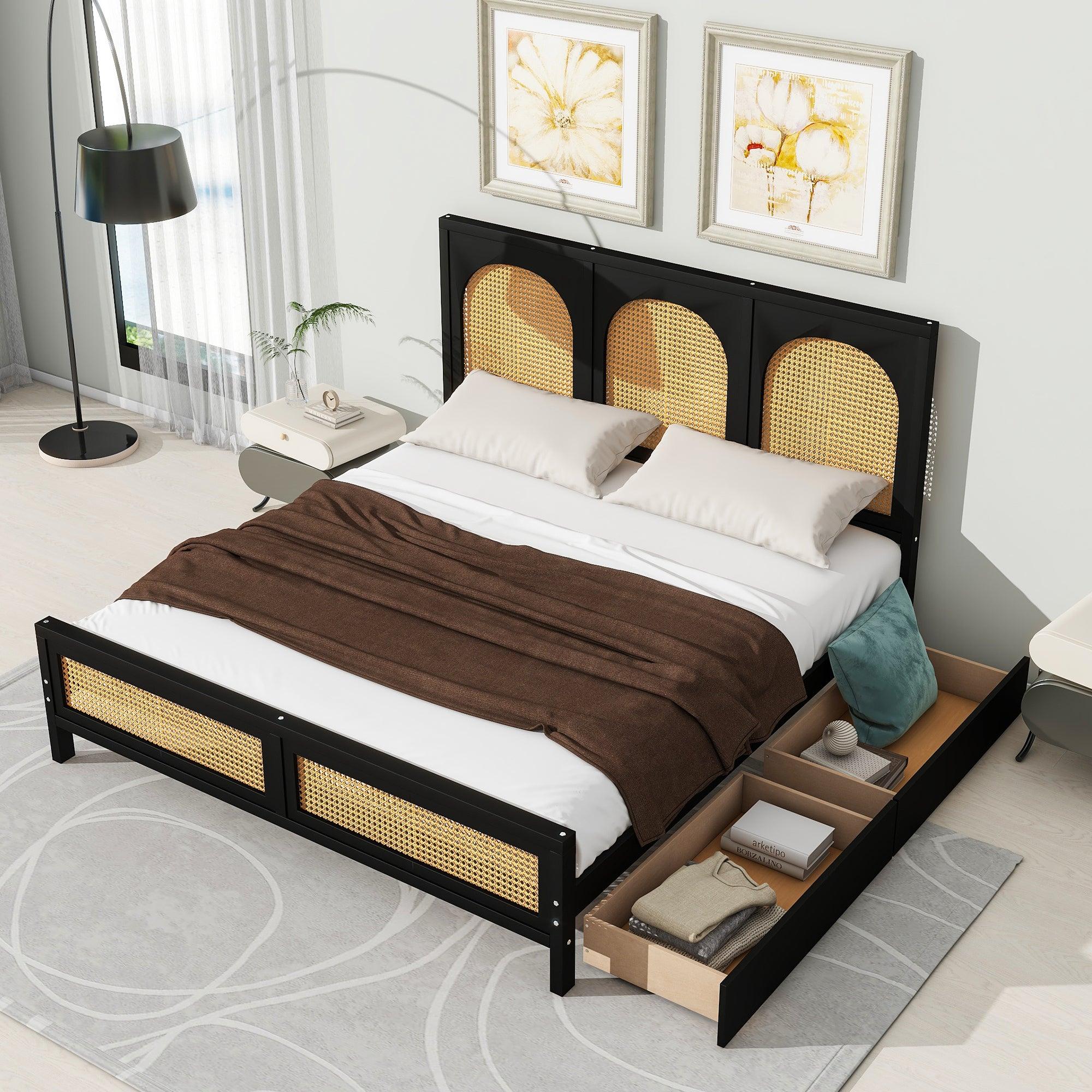 🆓🚛 Queen Size Wood Storage Platform Bed with 2 Drawers, Rattan Headboard and Footboard, Black