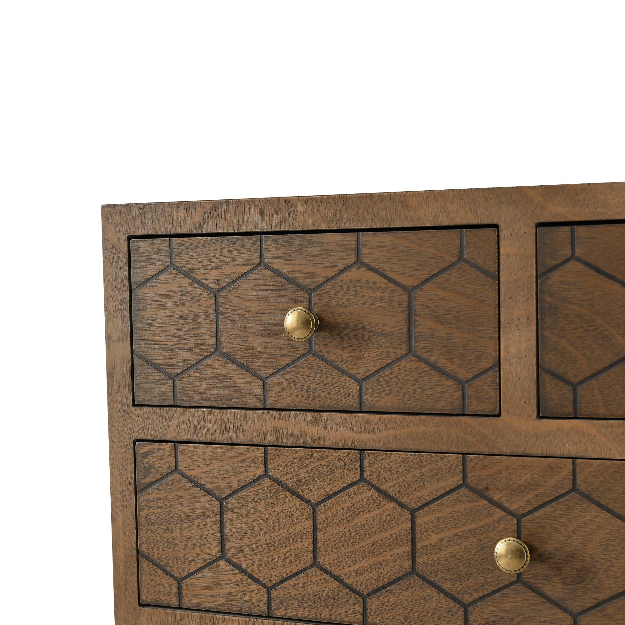 Handcrafted Accent Drawer With Abstract Carvings - 5 Drawers For Stylish Storage - Natural Wood Veneer - No Assembly Required