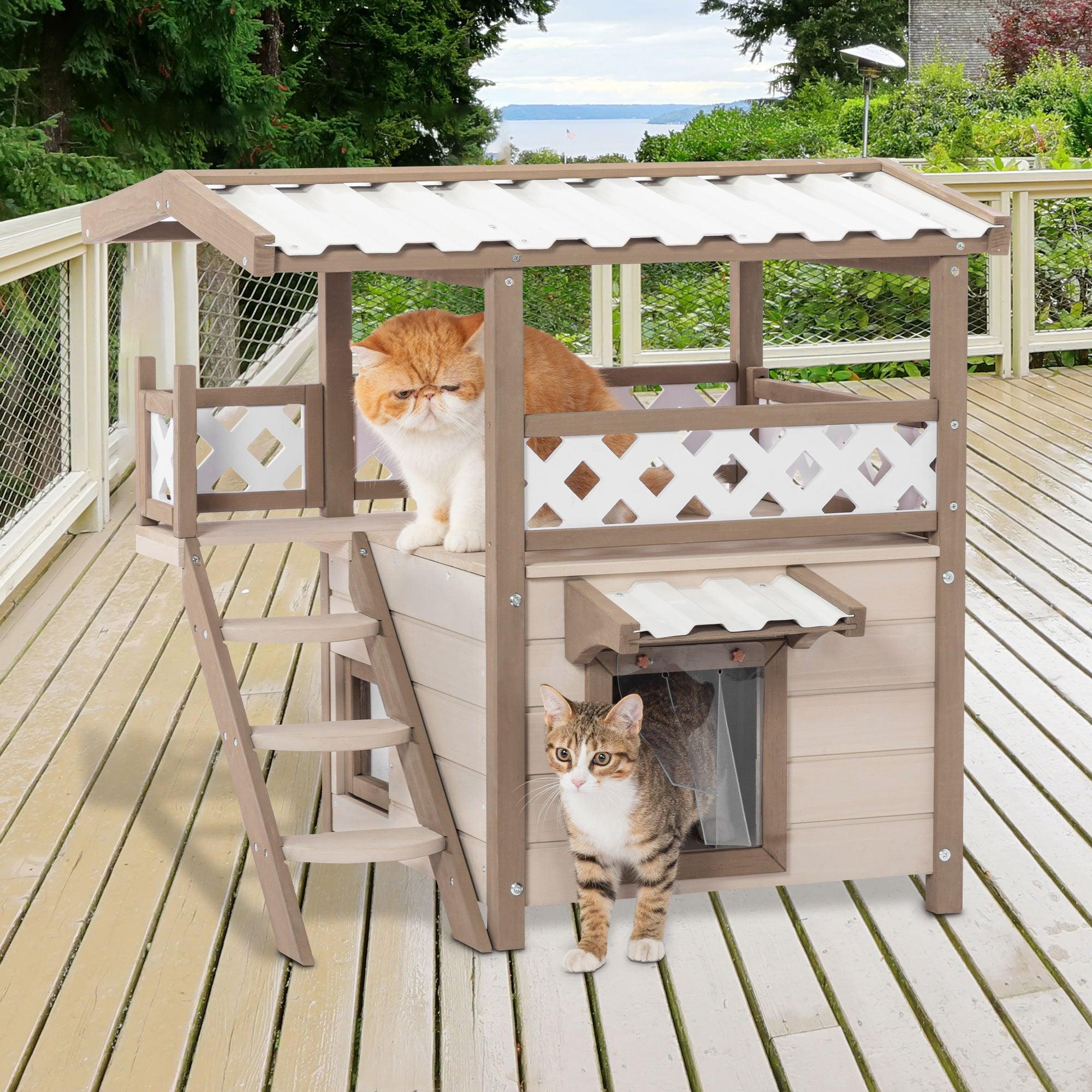 Feral Cat House Outdoor Indoor Kitty Houses With Durable PVC Roof, Escape Door, Curtain And Stair, 2 Story Design Perfect For Multi Cats