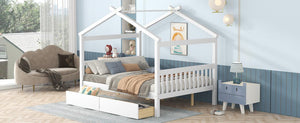 Full Size Wooden House Bed with Drawers, White