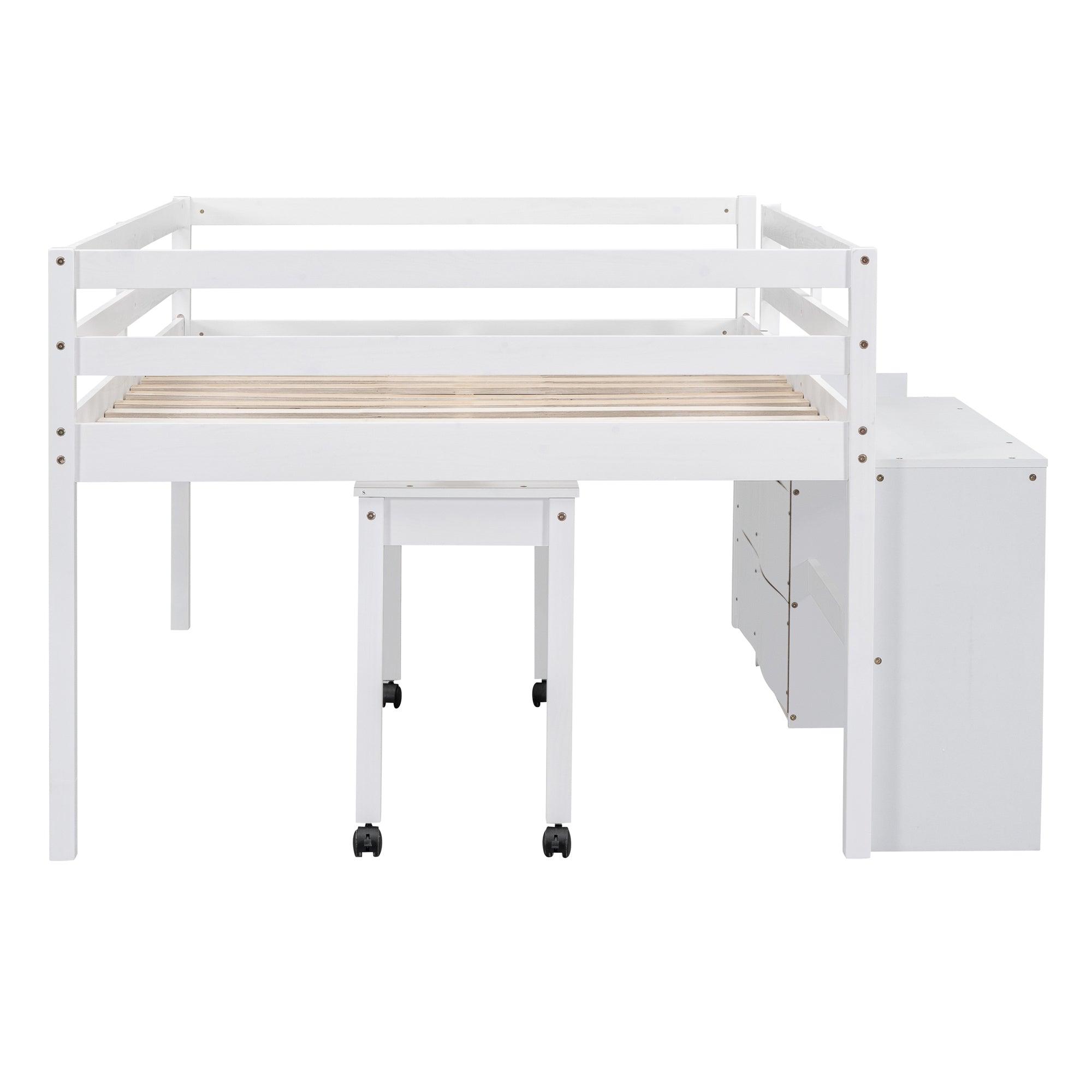 Full Size Loft Bed with Desk and Drawers, Wooden Loft Bed with Lateral Portable Desk, White