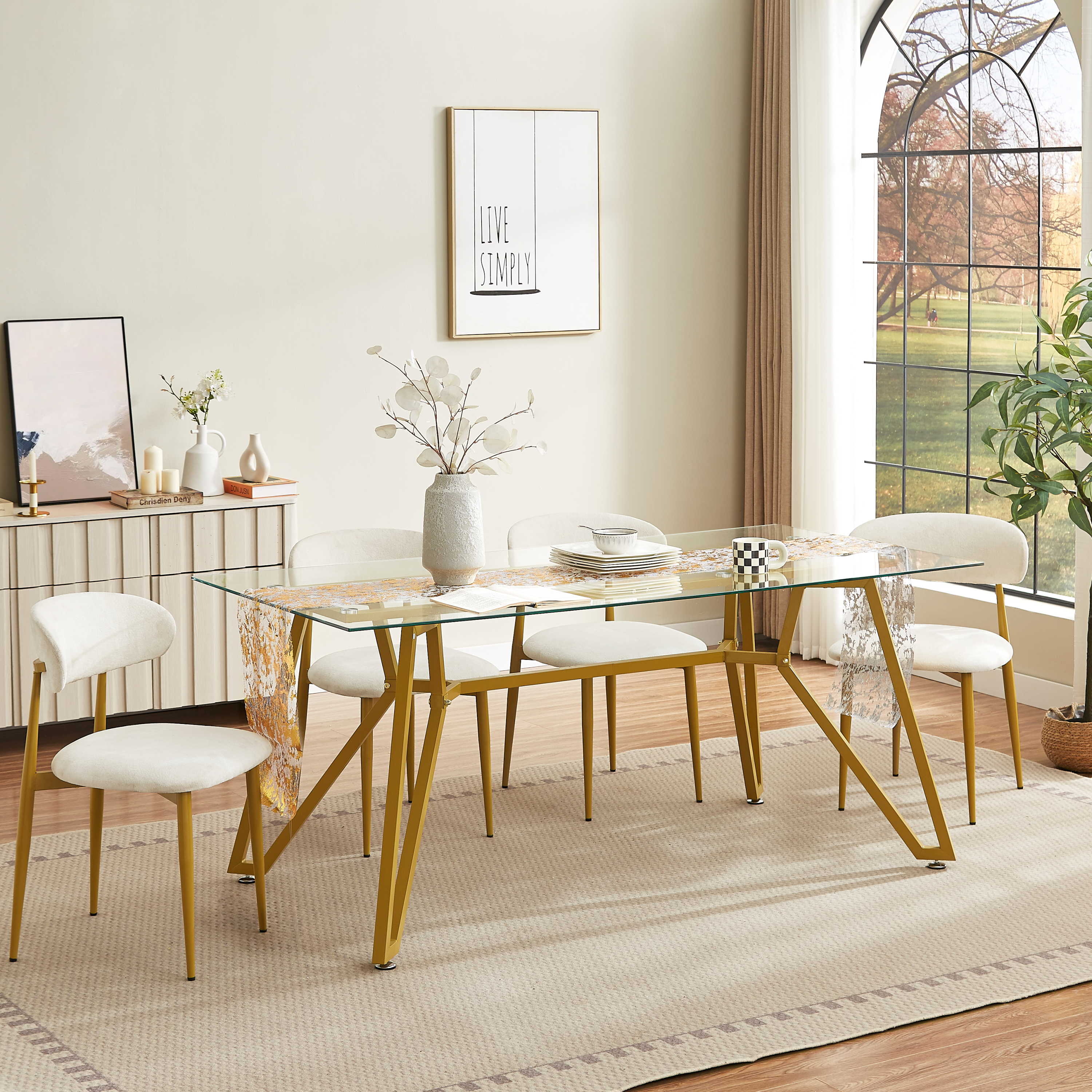 70.9-inch rectangular glass dining table, suitable for 1-8 people, modern style home kitchen dining table, equipped with sturdy metal table legs, suitable for dining room, living rooms, offices, Gold