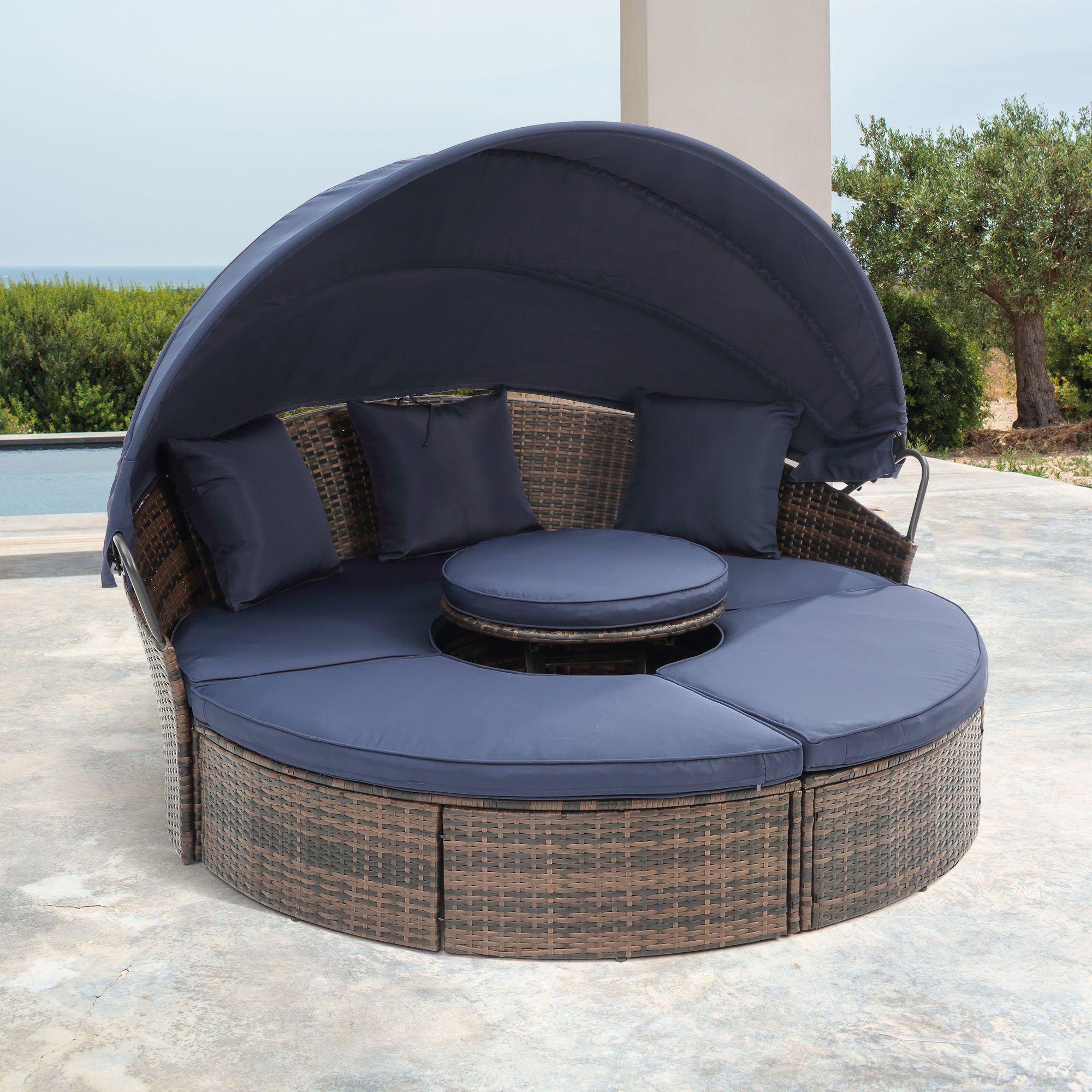 🆓🚛 5 Piece Patio Conversation Set, Rattan Round Lounge with Retractable Canopy, Wicker Outdoor Sofa Bed with Lift Coffee Table, Navy Blue