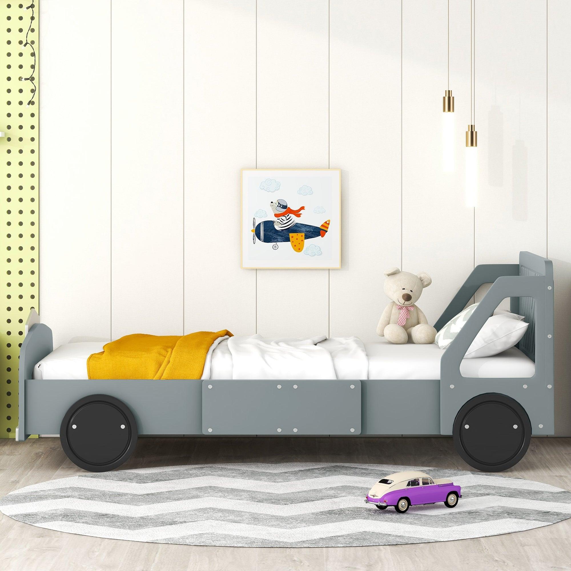 🆓🚛 Twin Size Car-Shaped Platform Bed With Wheels, Gray