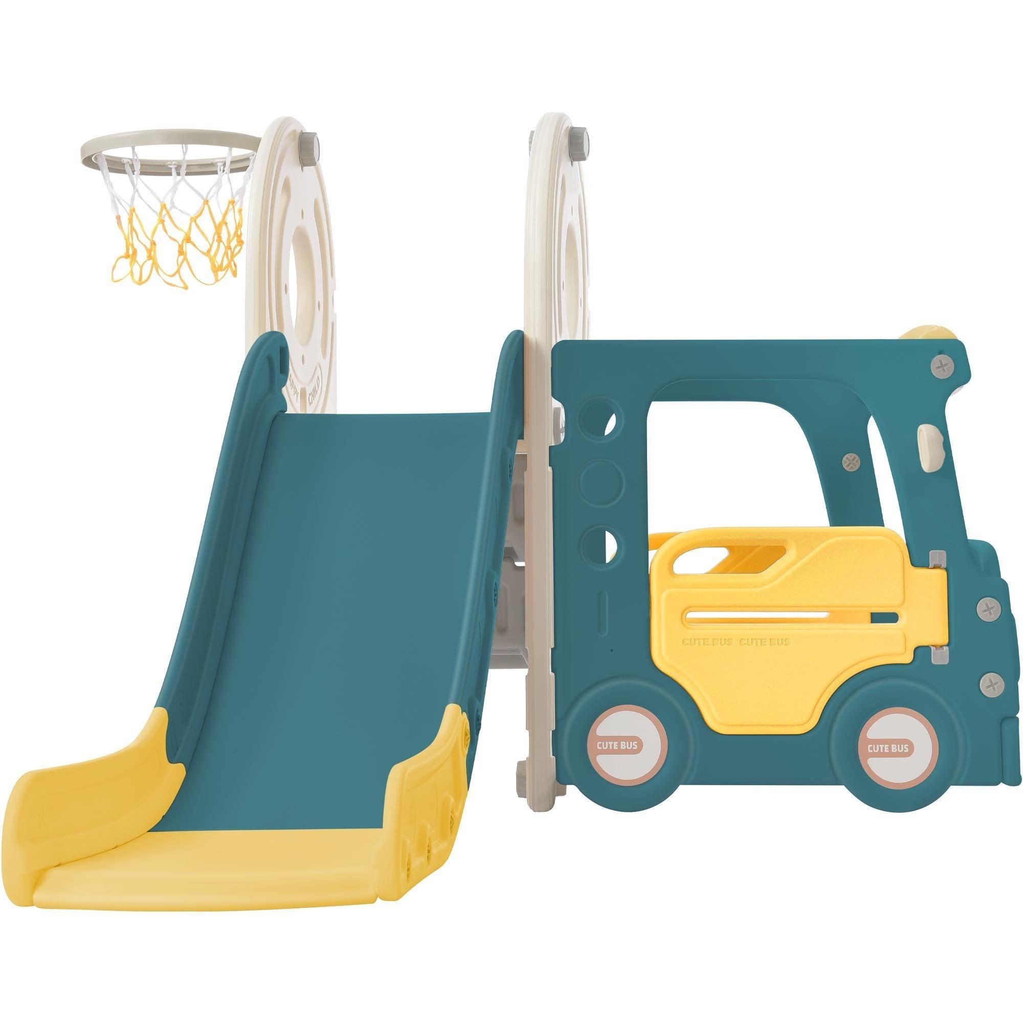 🆓🚛 Kids Slide With Bus Play Structure, Freestanding Bus Toy With Slide for Toddlers, Bus Slide Set With Basketball Hoop, Blue & Yellow