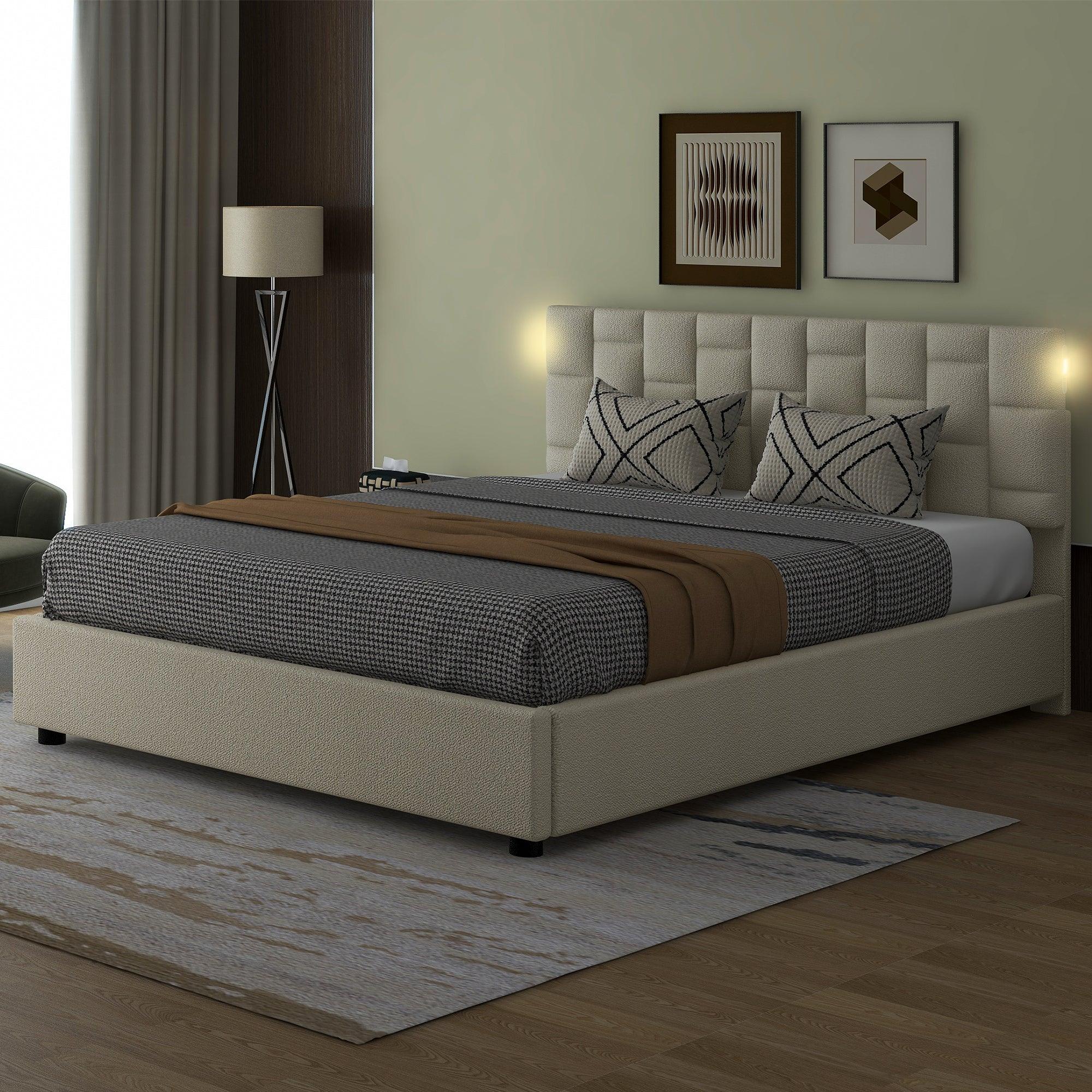 🆓🚛 Queen Size Upholstered Platform bed with Height-adjustable Headboard and Under-bed Storage Space, Beige