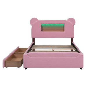 Full Size Upholstered Storage Platform Bed with Cartoon Ears Headboard, LED and USB, Pink