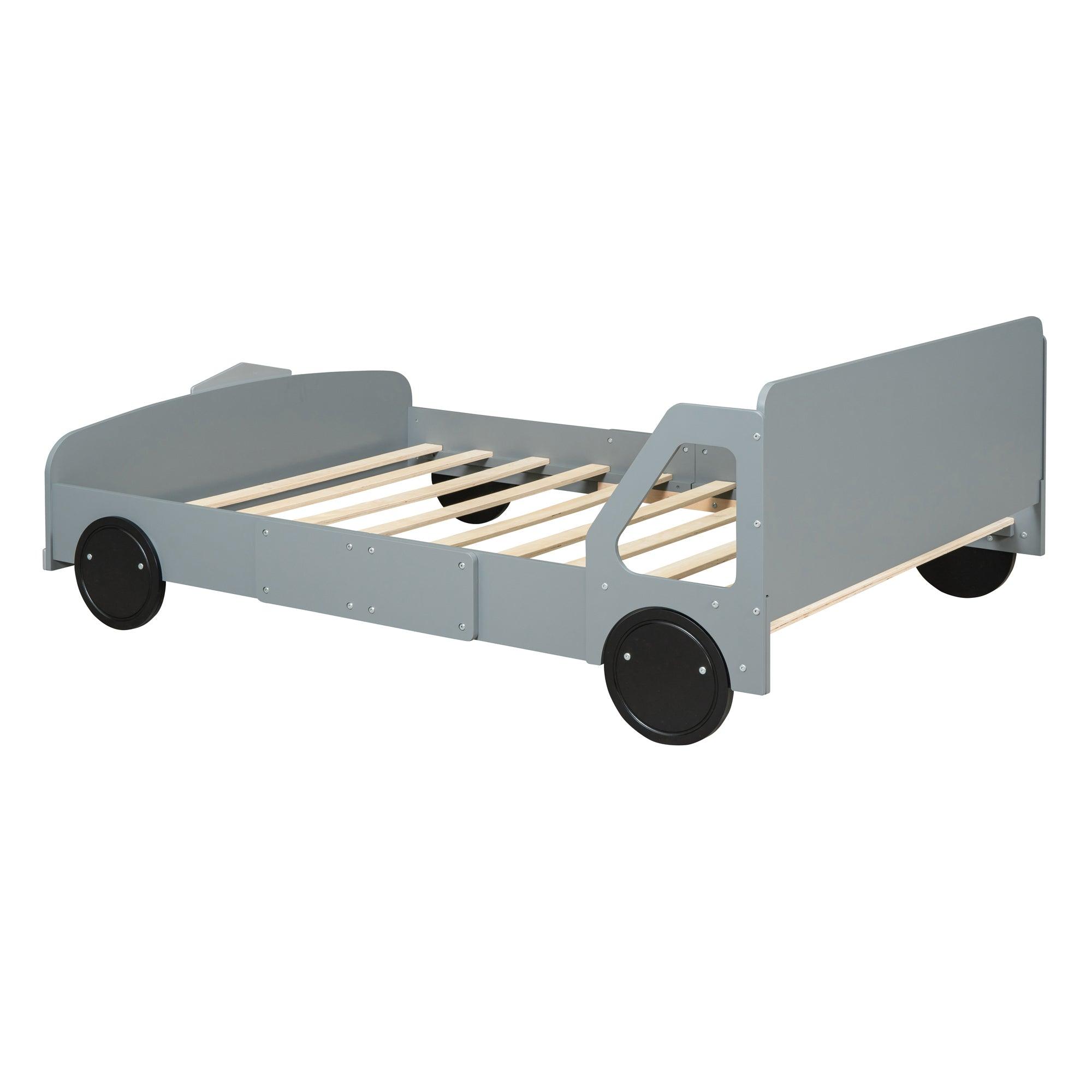 Full Size Car-Shaped Platform Bed with Wheels, Gray