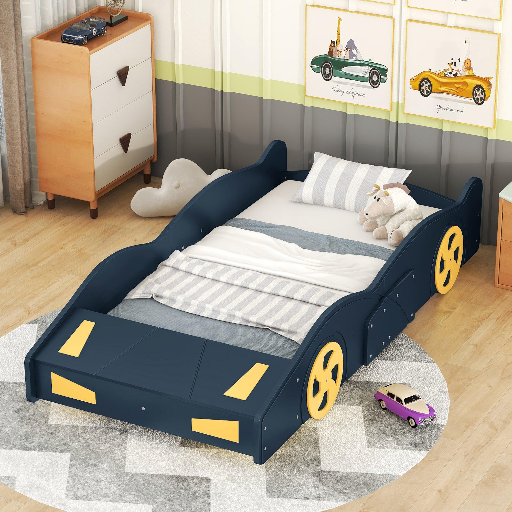 🆓🚛 Twin Size Race Car-Shaped Platform Bed With Wheels & Storage, Dark Blue+Yellow