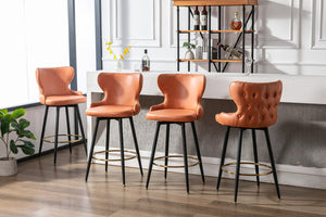 29" Modern Leathaire Fabric Bar Chairs, 180° Swivel Bar Stool Chair For Kitchen, Tufted Gold Nailhead Trim Gold Decoration Bar Stools With Metal Legs, Set Of 2 (Orange)