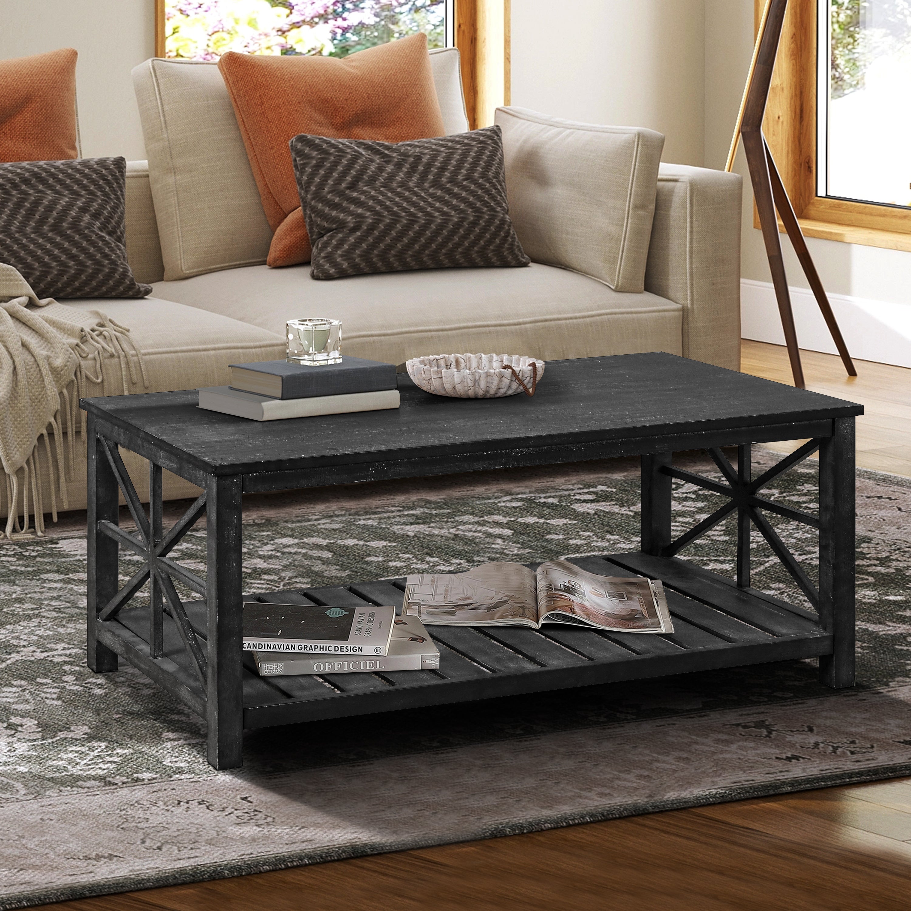 47 Inch Modern Coffee Table With Storage Shelf, Farmhouse Rectangle Living Room Center Table for Small Spaces, Easy Assembly(Antique Black)