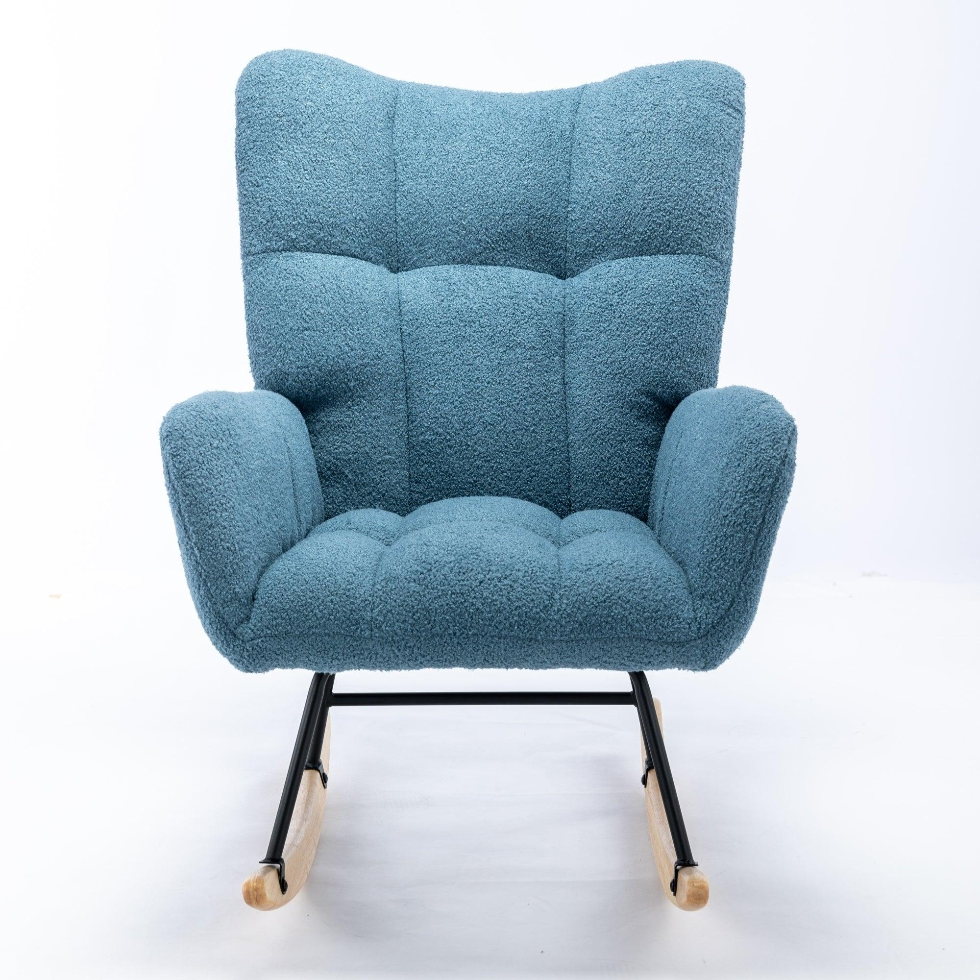 🆓🚛 Rocking Chair, Soft Teddy Velvet Fabric Rocking Chair for Nursery, Comfy Wingback Glider Rocker With Safe Solid Wood Base for Living Room Bedroom Balcony (Blue)