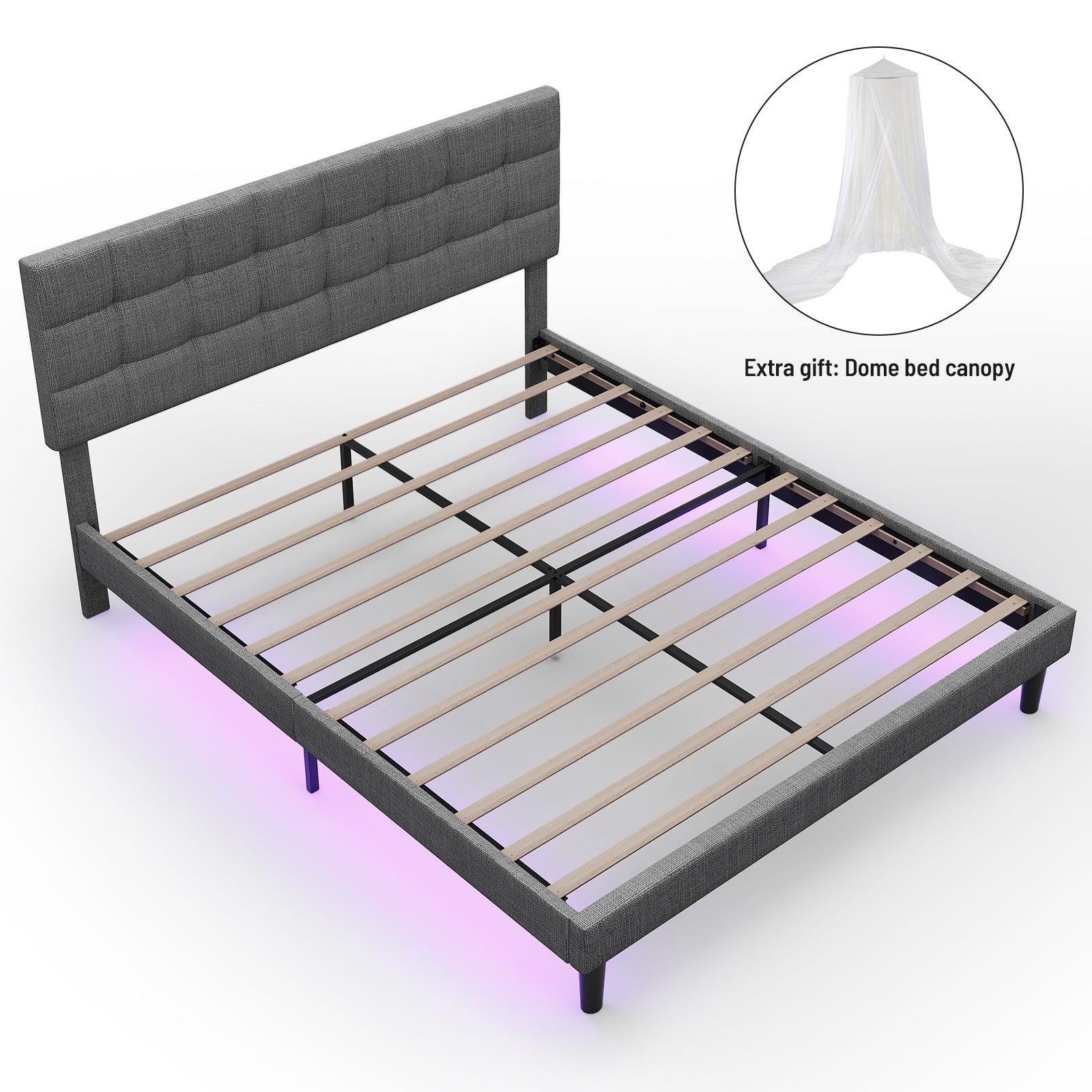 🆓🚛 Queen Size Upholstered Platform Bed Linen Bed Frame With Lights Square Stitched Adjustable Headboard Strong Bed Slats System No Box Spring Needed, Gray