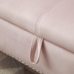 63" Velvet Multifunctional Storage Rectangular Sofa Stool Buttons Tufted Nailhead Trimmed Solid Wood Legs with 1 Pillow, Light Pink