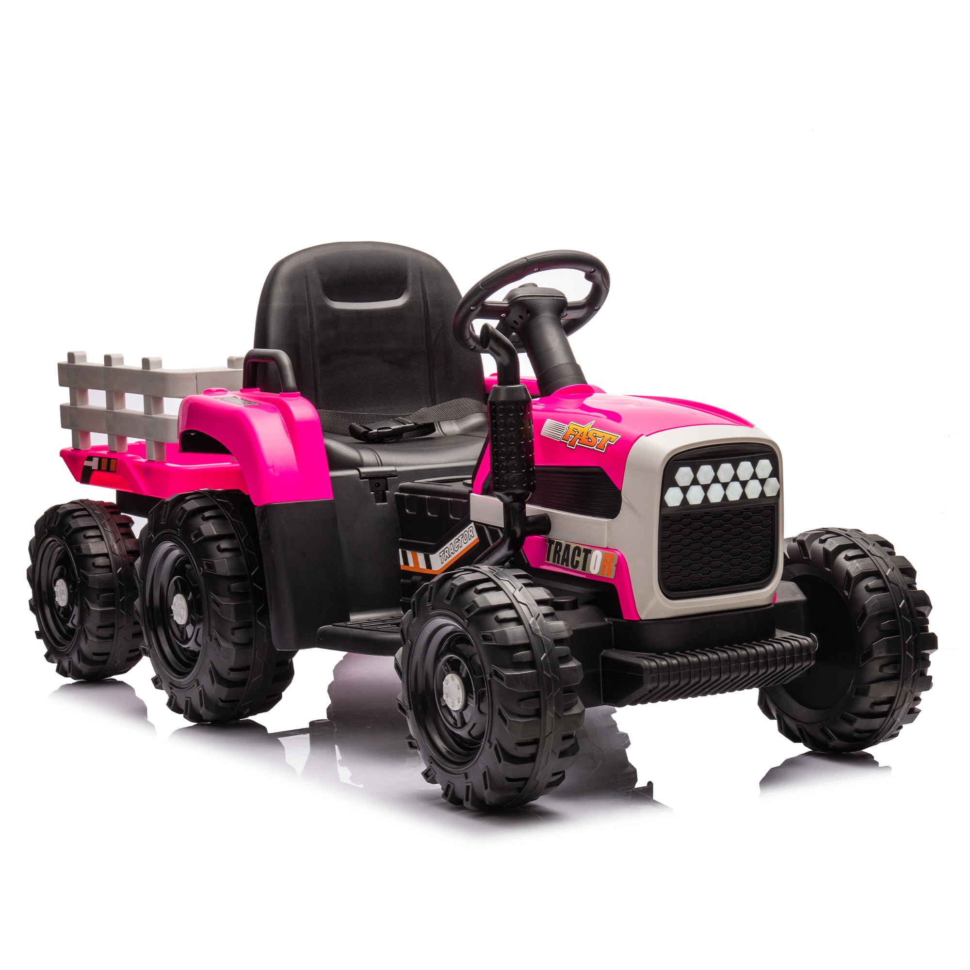 🆓🚛 Ride On Tractor With Trailer, 24V Battery Powered Electric Tractor Toy, 200W*2Motor 1.86-4.97Mph/Remote Control, Electric Car for Kids, Three Speed Adjustable, USB, Mp3, Bluetooth, Led Light, Safety Belt, Rose red