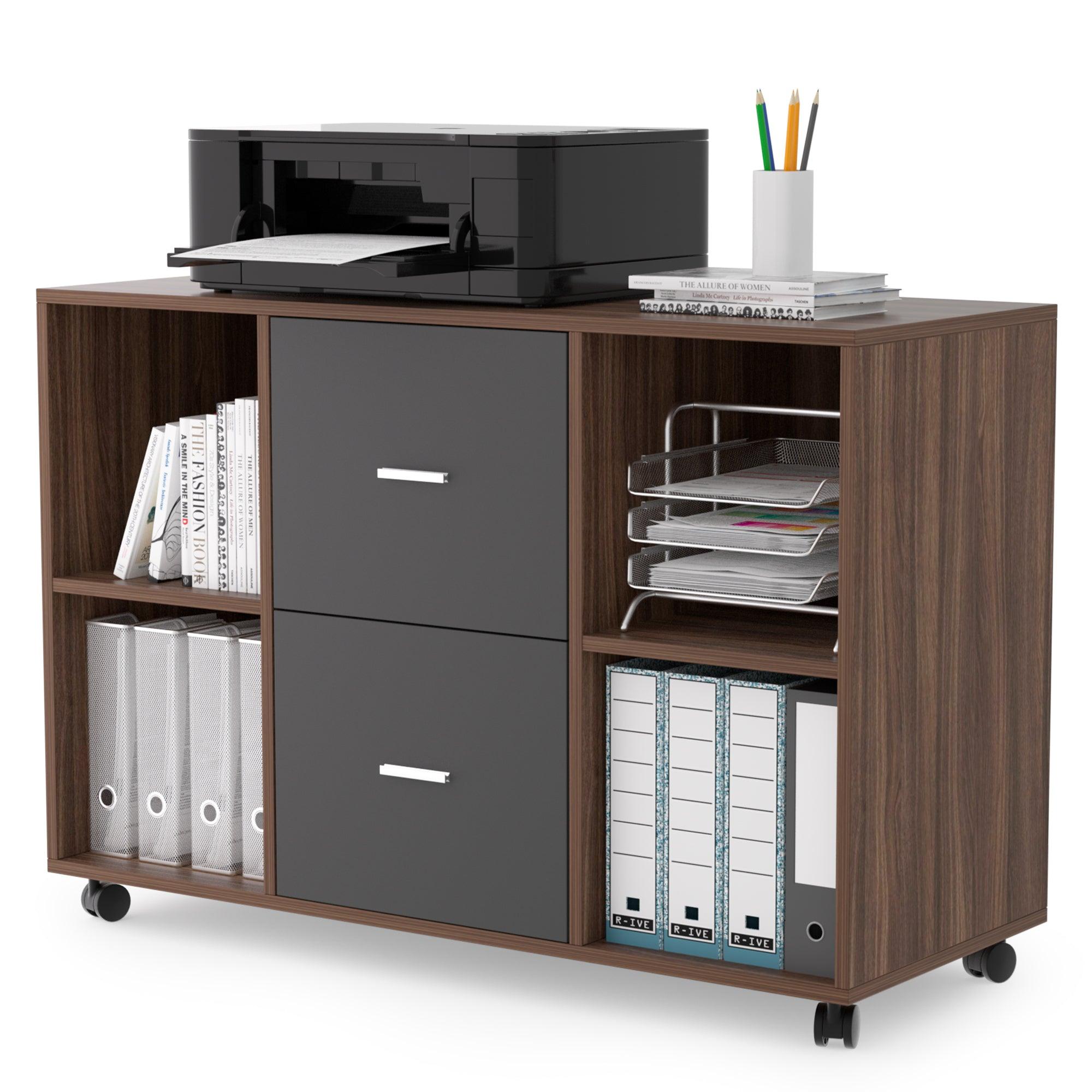 🆓🚛 Mobile Filing Cabinet With 2 Drawers & 4 Open Storage Cabinets, Walnut-Dark Gray