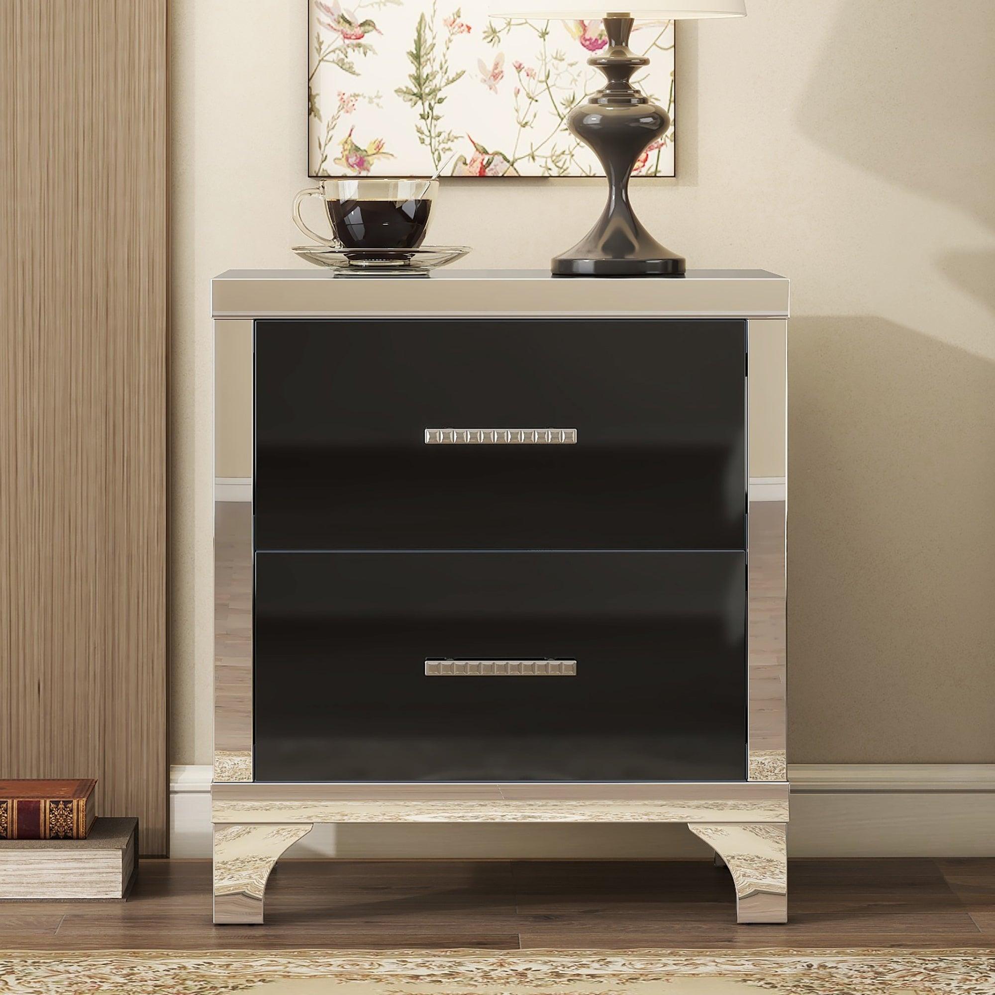 Elegant High Gloss Nightstand with Metal Handle, Mirrored Bedside Table with 2 Drawers for Bedroom, Living Room, Black