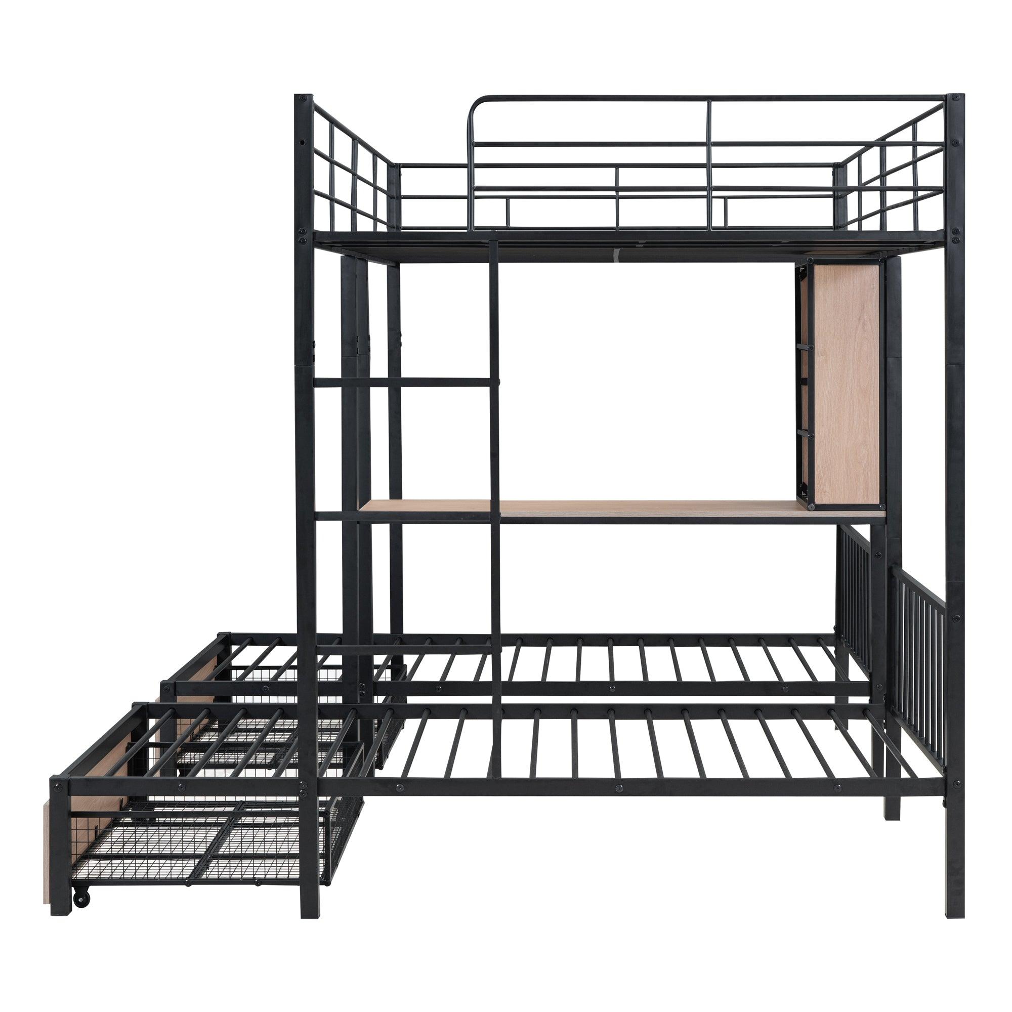 Full Over Twin & Twin Triple Bunk Bed with Drawers, Multi-functional Metal Frame Bed with desks and shelves in the middle, Black