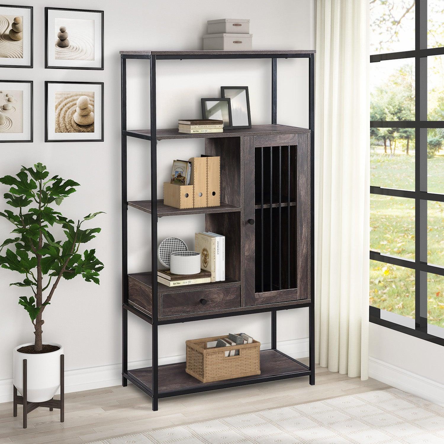 🆓🚛 Home Office Bookcase & Bookshelf 5 Tier Display Shelf With Doors & Drawers, Vintage Brown Industrial Style