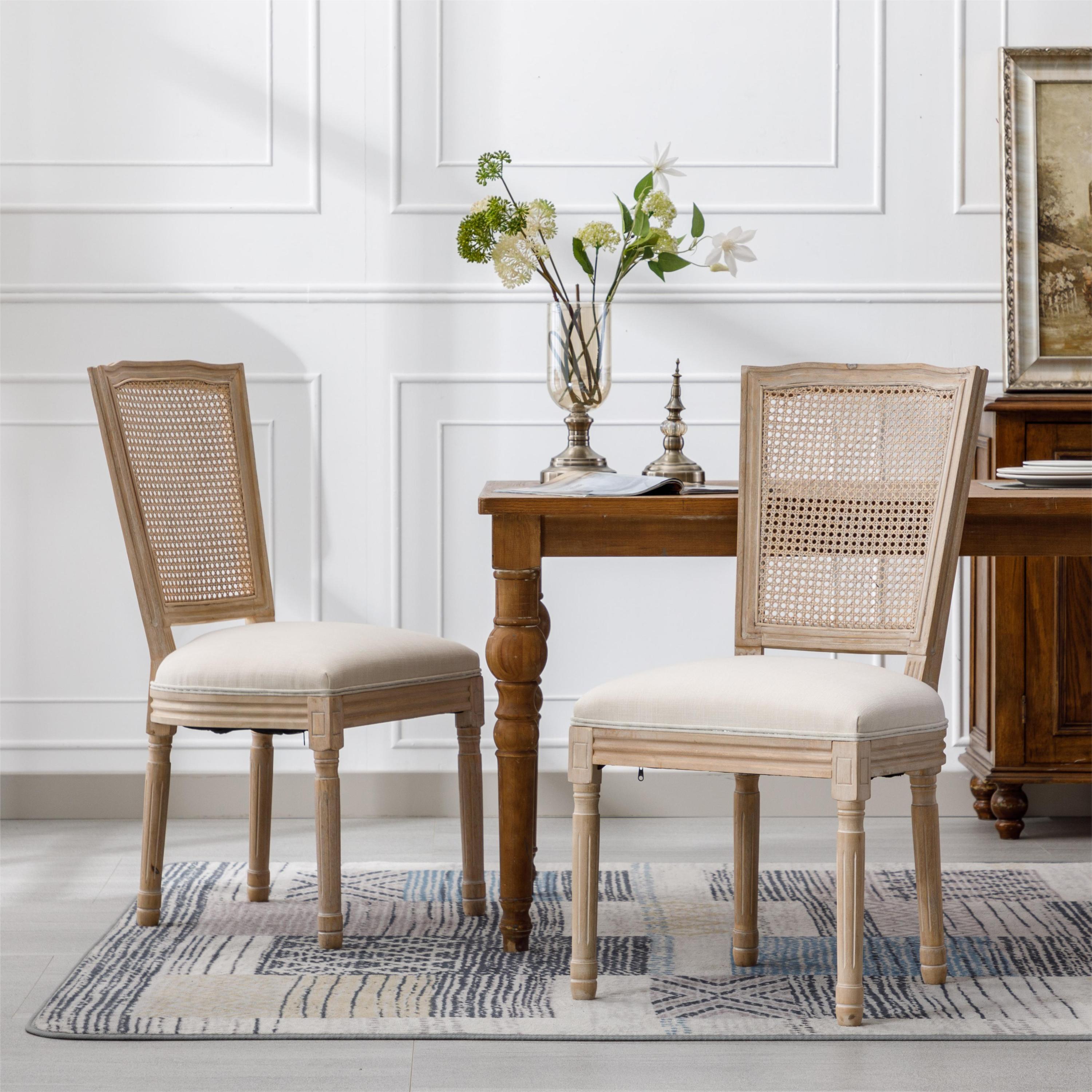 French Style Solid Wood Frame Linen Fabric Square Rattan Back Dining Chair, Set of 2, Cream