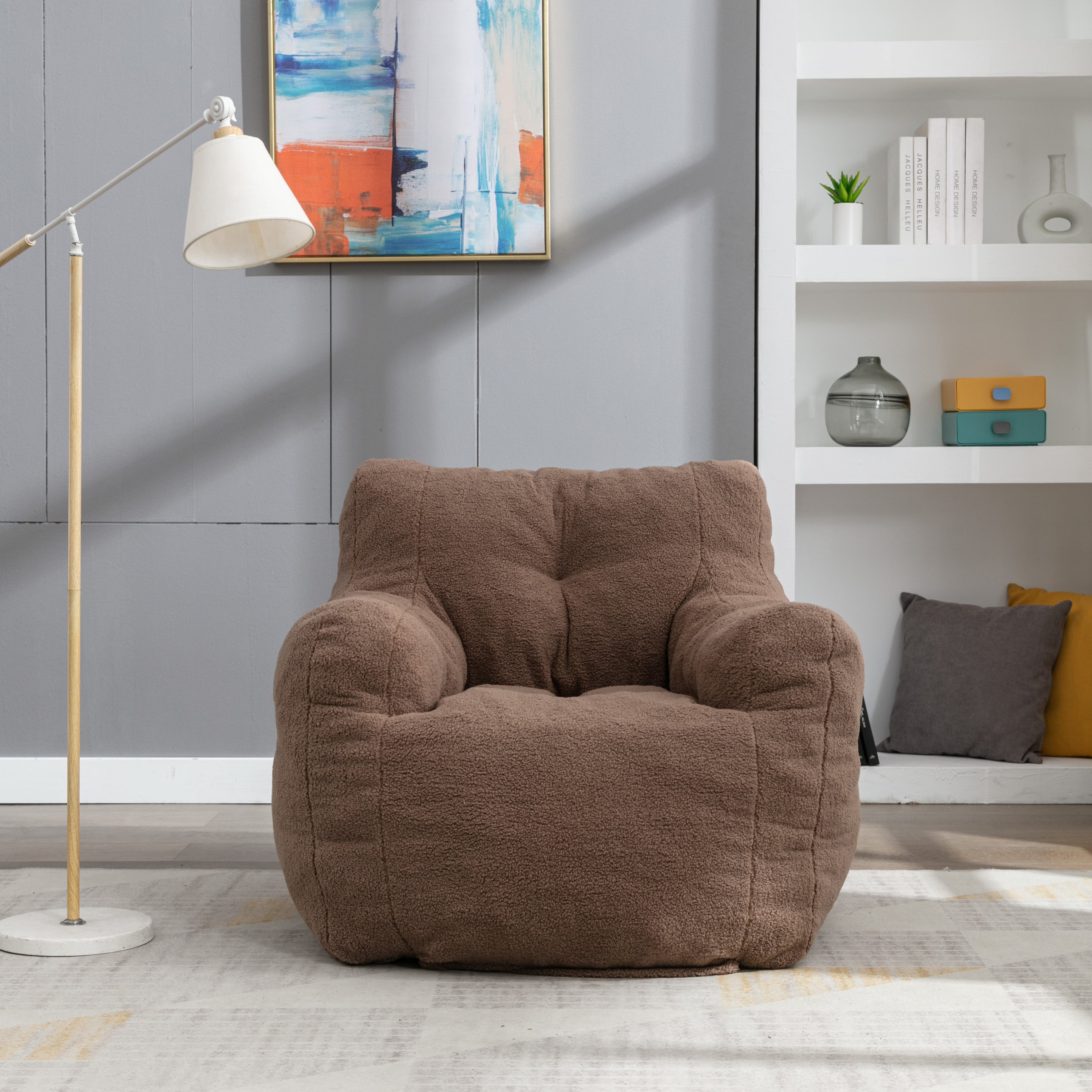 🆓🚛 Soft Tufted Foam Bean Bag Chair With Teddy Fabric, Coffee Brown