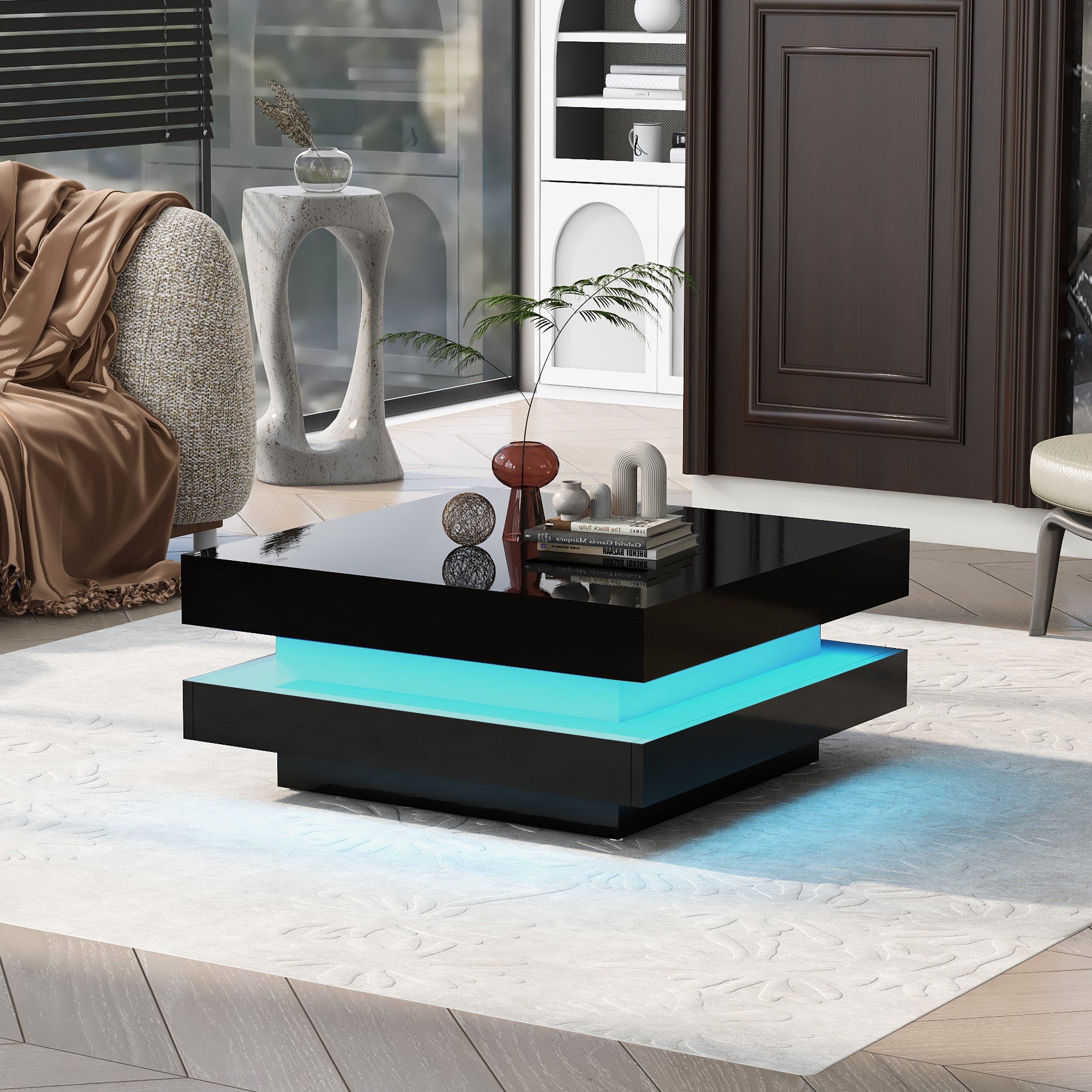 🆓🚛 2-Tier Square Coffee Table,, High Gloss Minimalist Design With Led Lights, Center Table for Living Room, 31.5''X31.5''X14.2'', Black