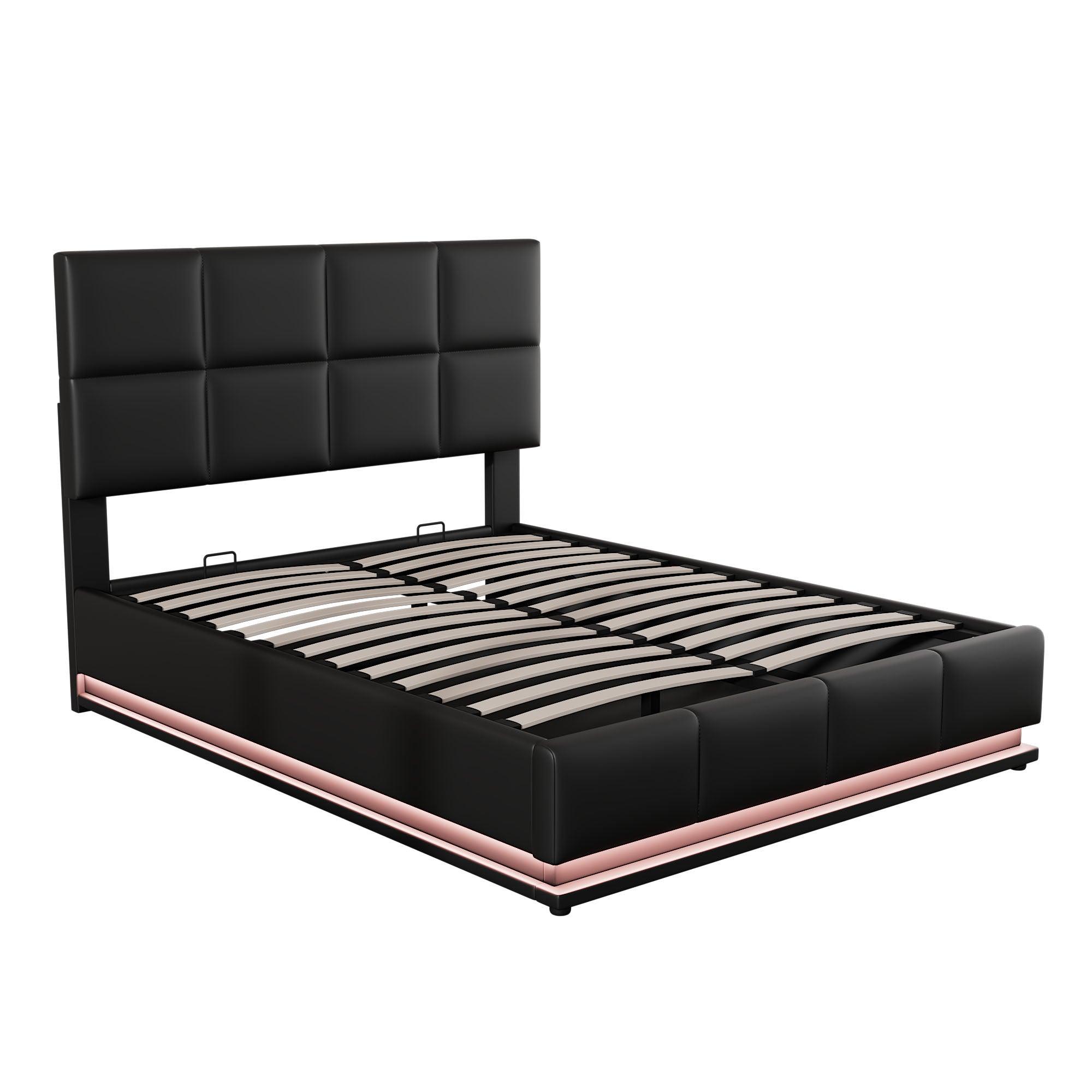 Full Size Tufted Upholstered Platform Bed with Hydraulic Storage System, PU Storage Bed with LED Lights and USB charger, Black