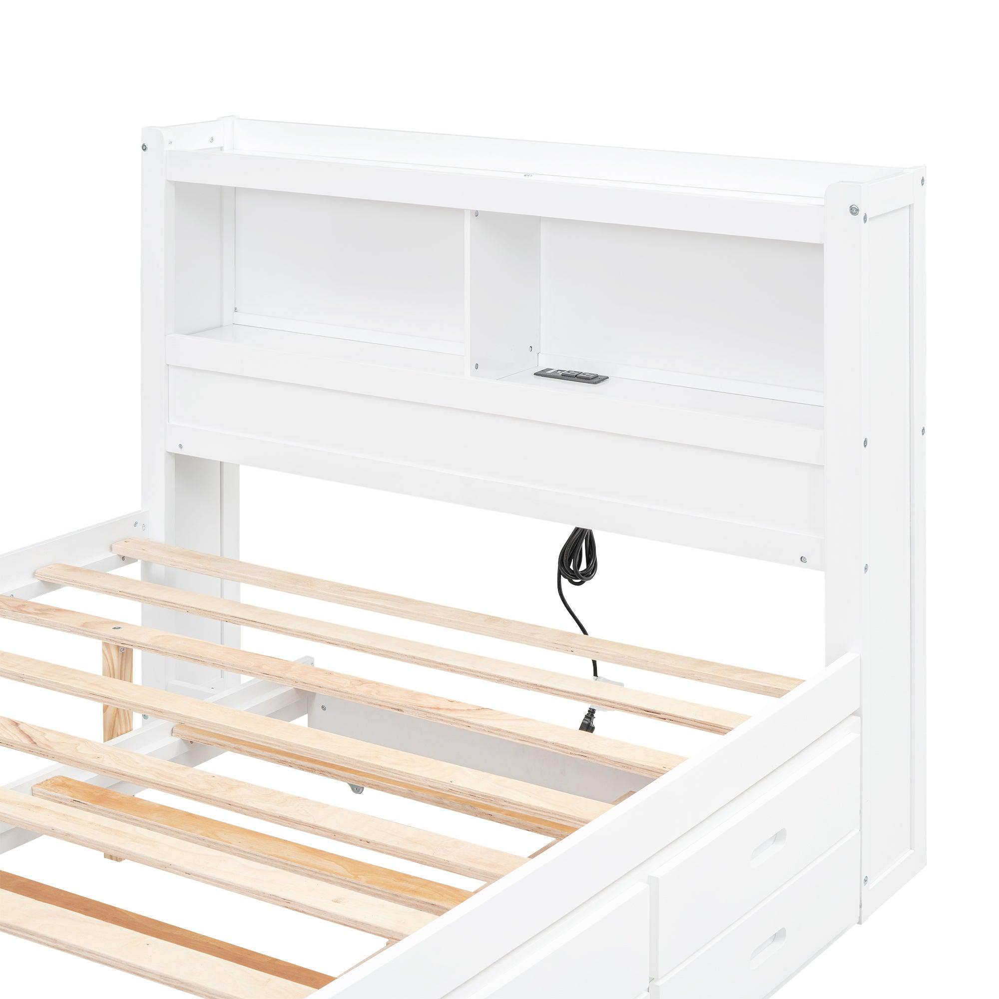 Full Size platform bed with trundle, drawers and USB plugs, White