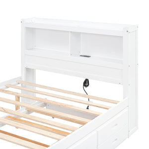 Full Size platform bed with trundle, drawers and USB plugs, White