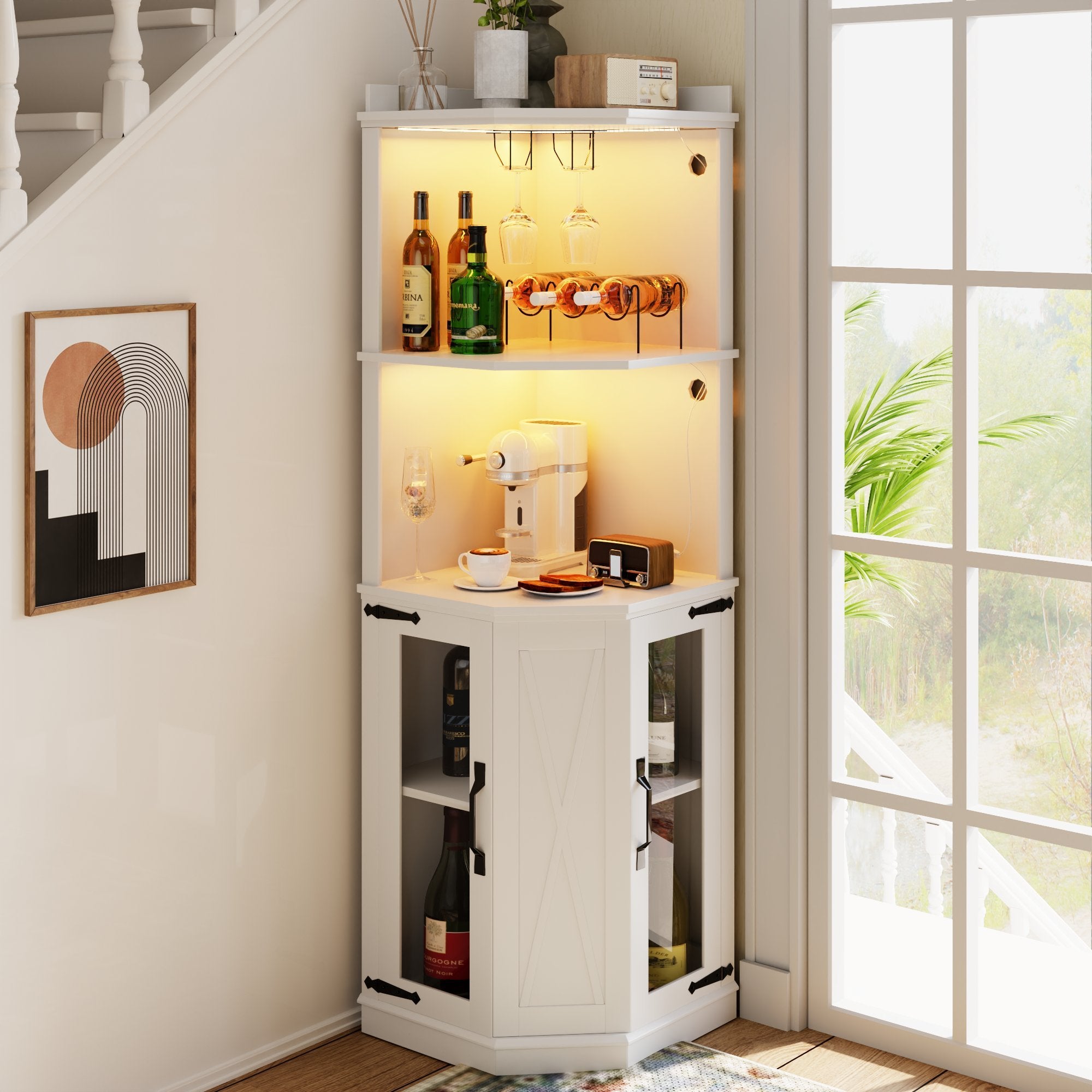 67.7" Corner Bar Cabinet with Power Outlet, Farmhouse Wine Bar Cabinet with Adjustable Shelves for Home, with Lights & Glass Rack for Dining Room, Living Room, Kitchen