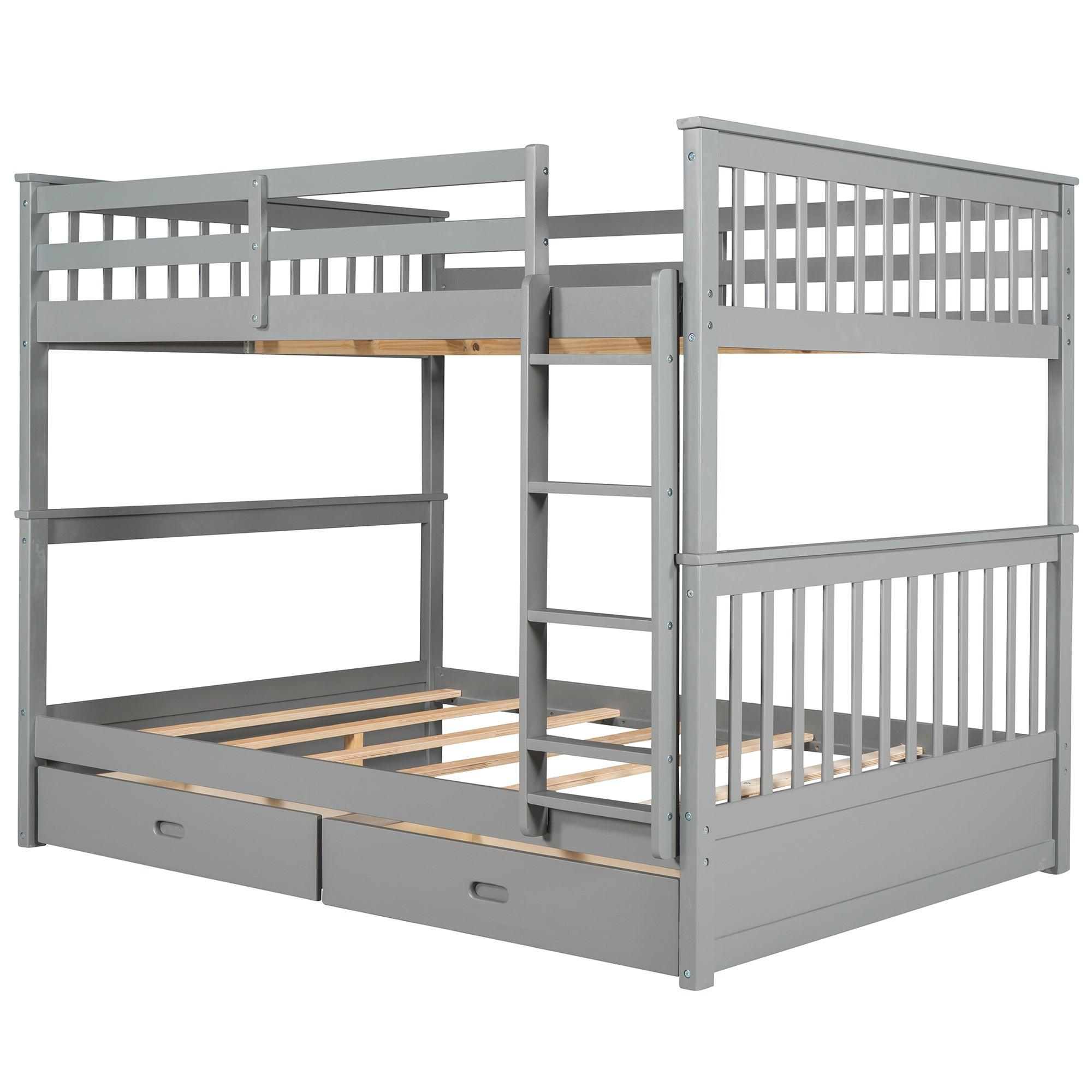 Full-Over-Full Bunk Bed with Ladders and Two Storage Drawers (Gray)