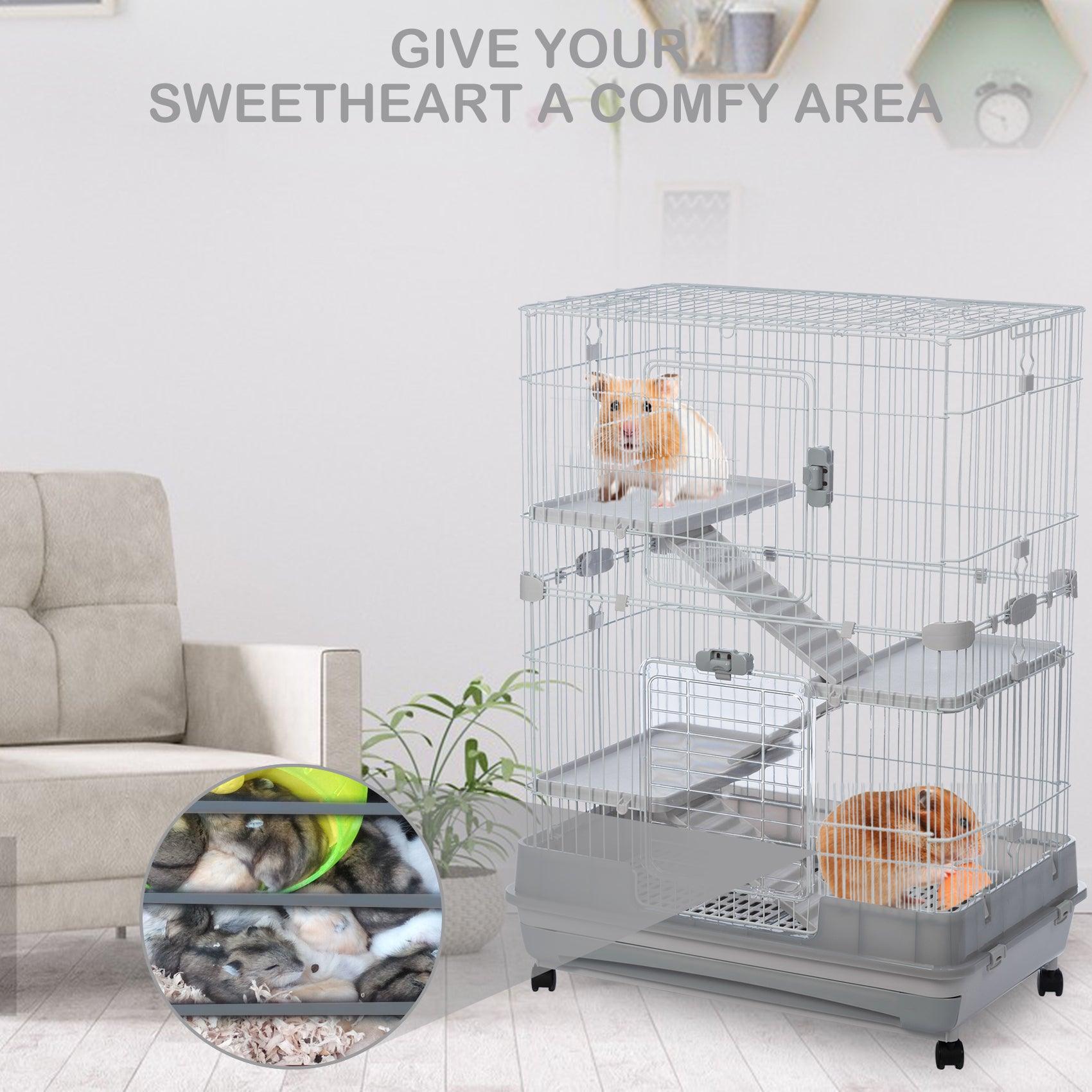 4-Tier 32" Small Animal Metal Cage Height Adjustable With Lockable Casters  Grilles Pull-Out Tray For Rabbit Chinchilla Ferret Bunny Guinea Pig Squirrel Hedgehog, GREY