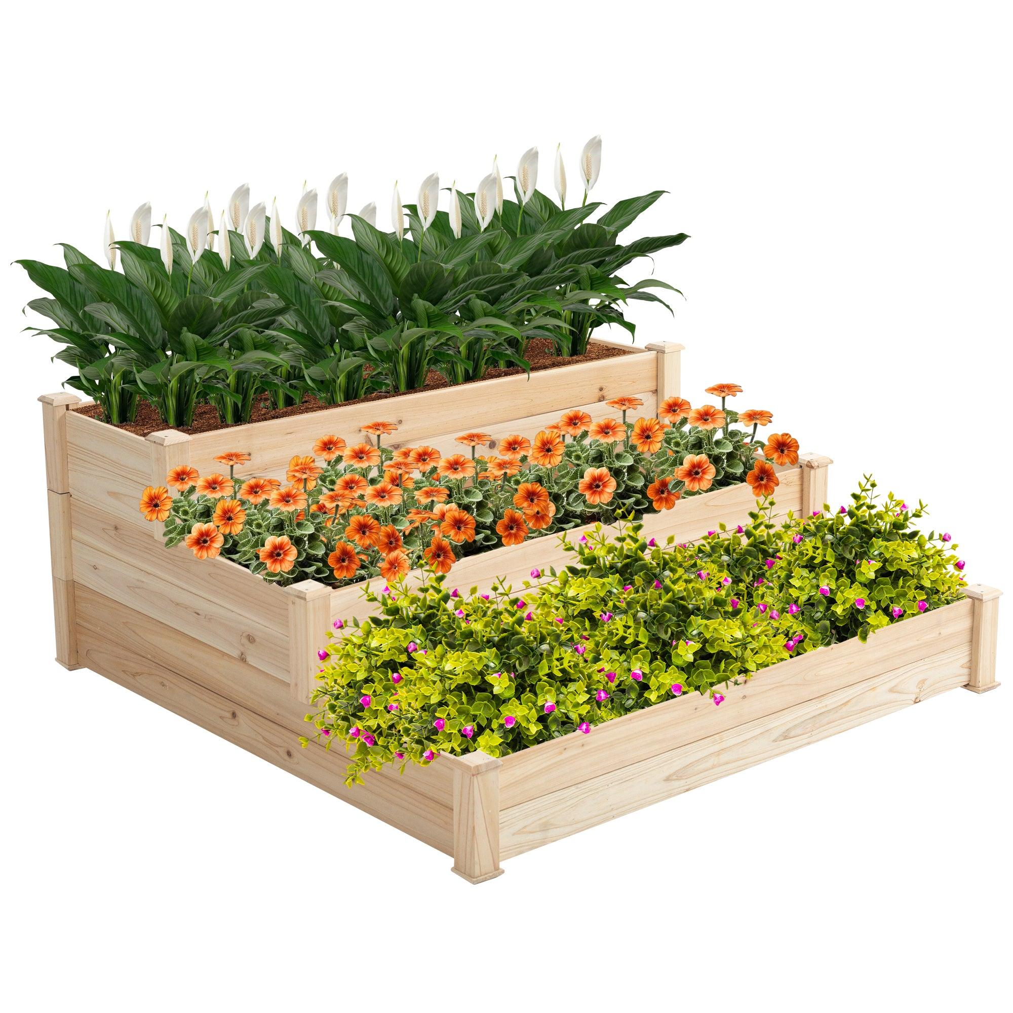 🆓🚛 48.6 x 48.6 x 21" Raised Garden Bed Horticulture Outdoor Elevated Flower Box Tiered Garden Bed Wooden Vegetables Growing Planter for Backyard/Patio/Gardener Natural